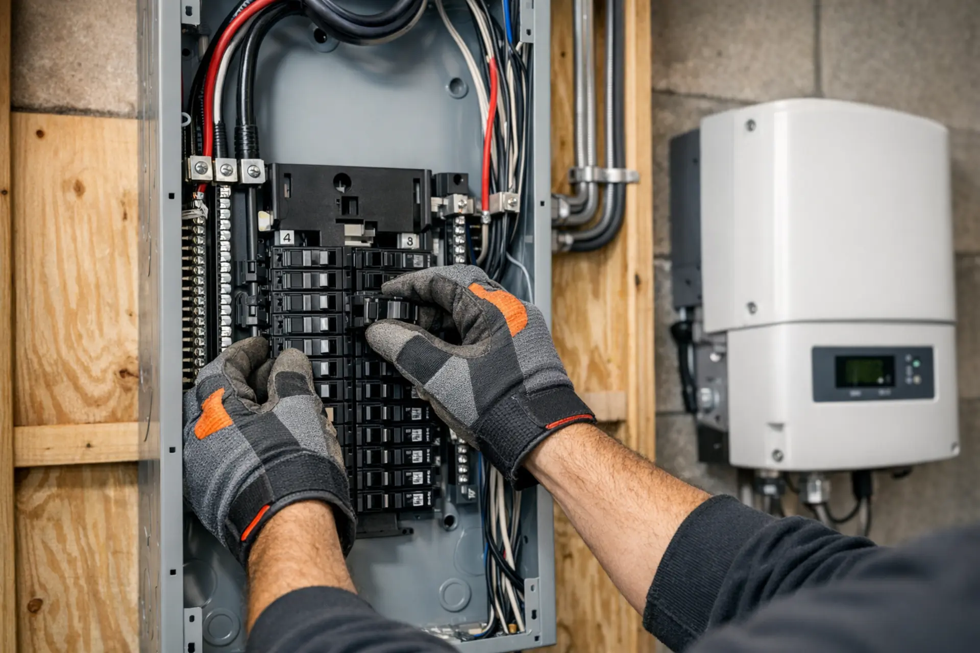 Electrician upgrading a 200-amp electrical panel for solar installation
