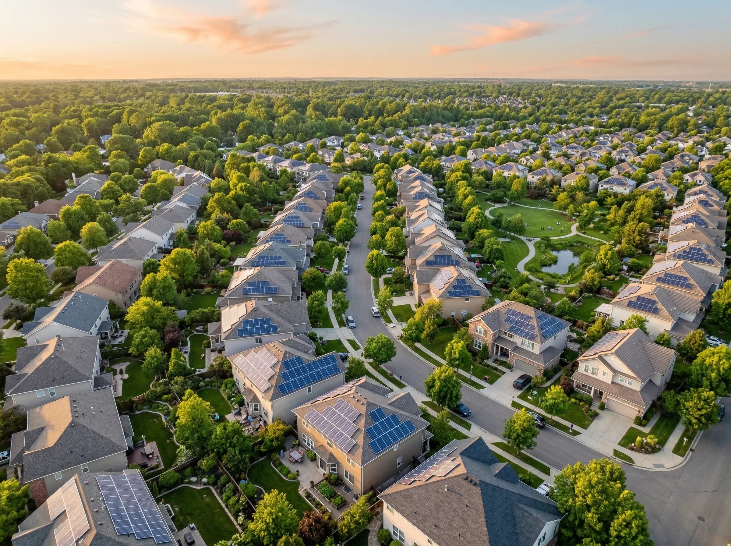 Solar panels on residential rooftops surrounded by greenery — NuWatt's vision for a cleaner future