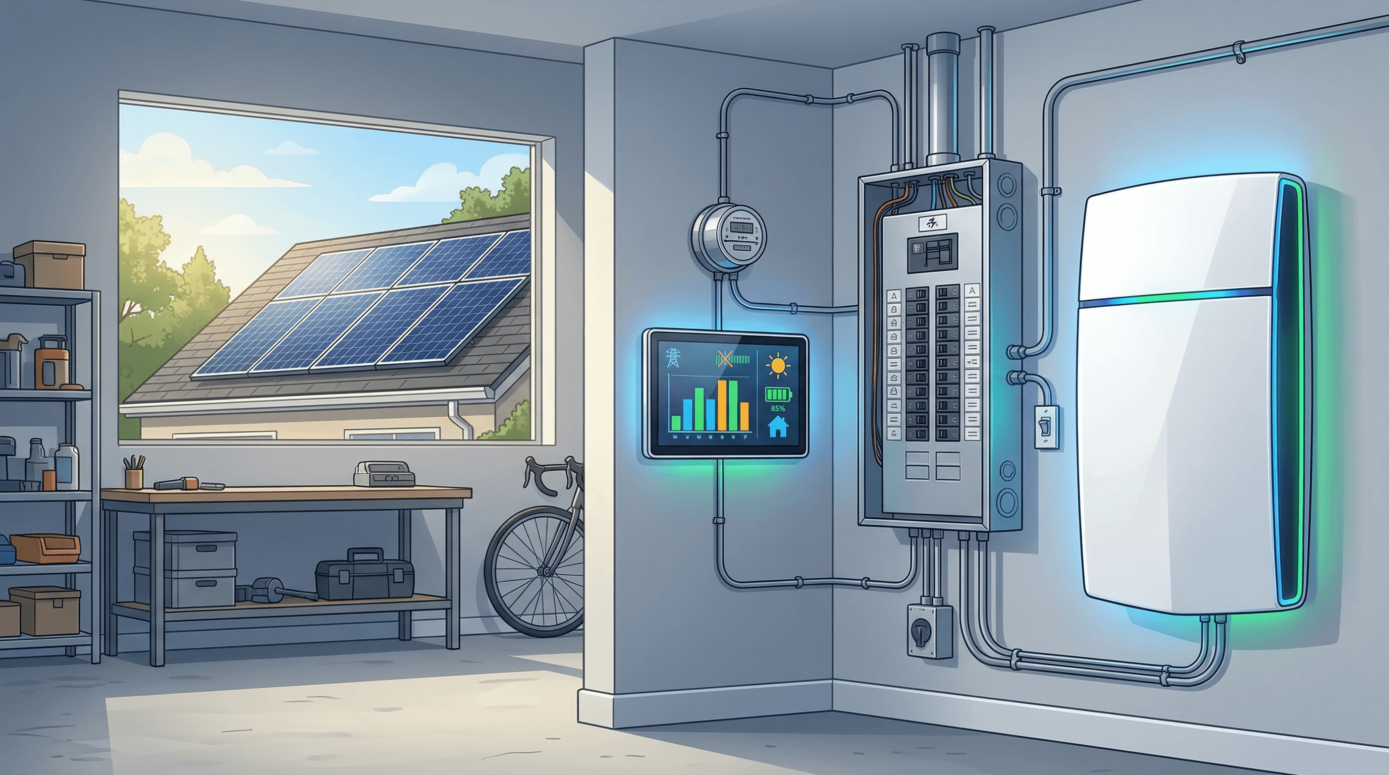 Home battery storage system with solar panels for peak rate avoidance