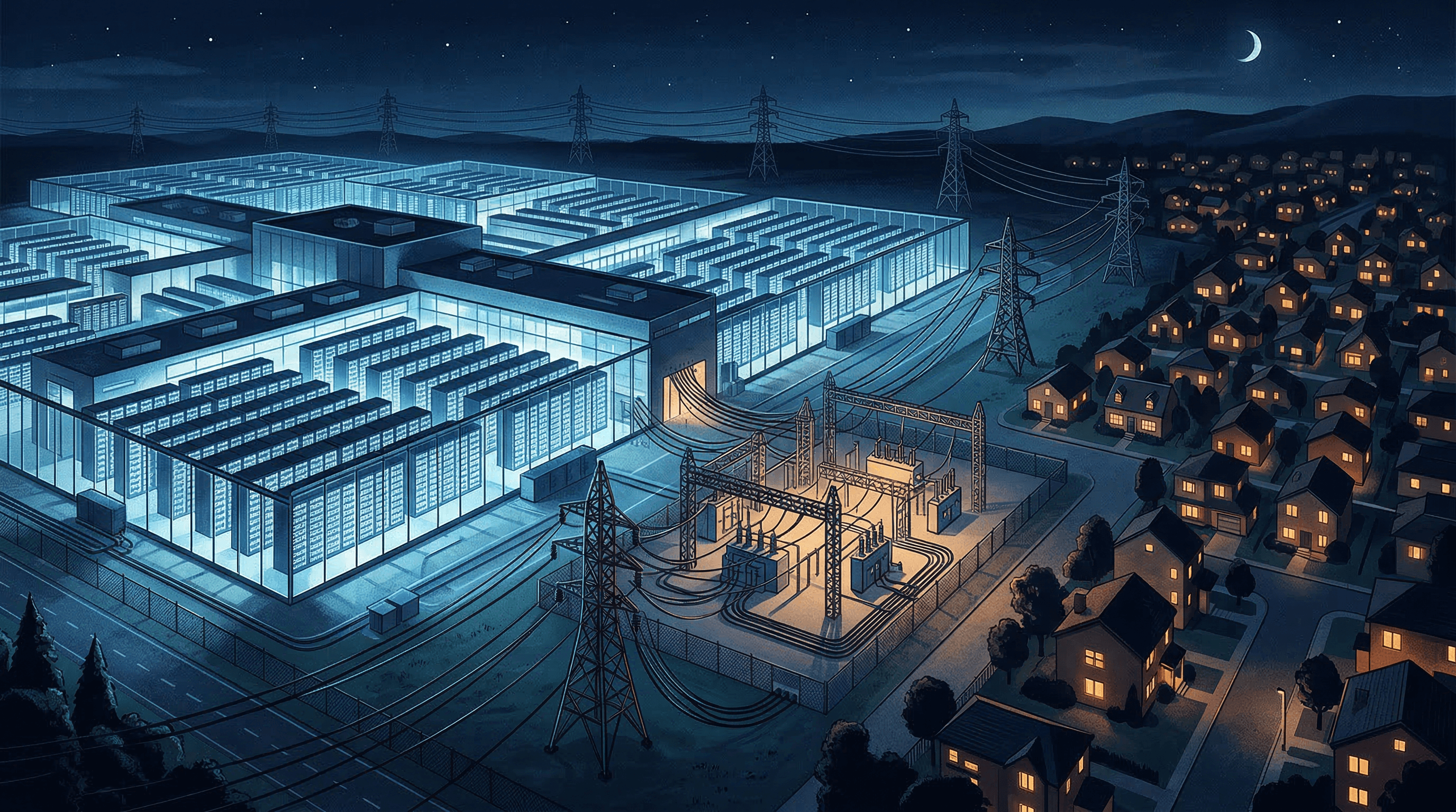 AI data center complex with power lines connecting to the electrical grid near a residential neighborhood