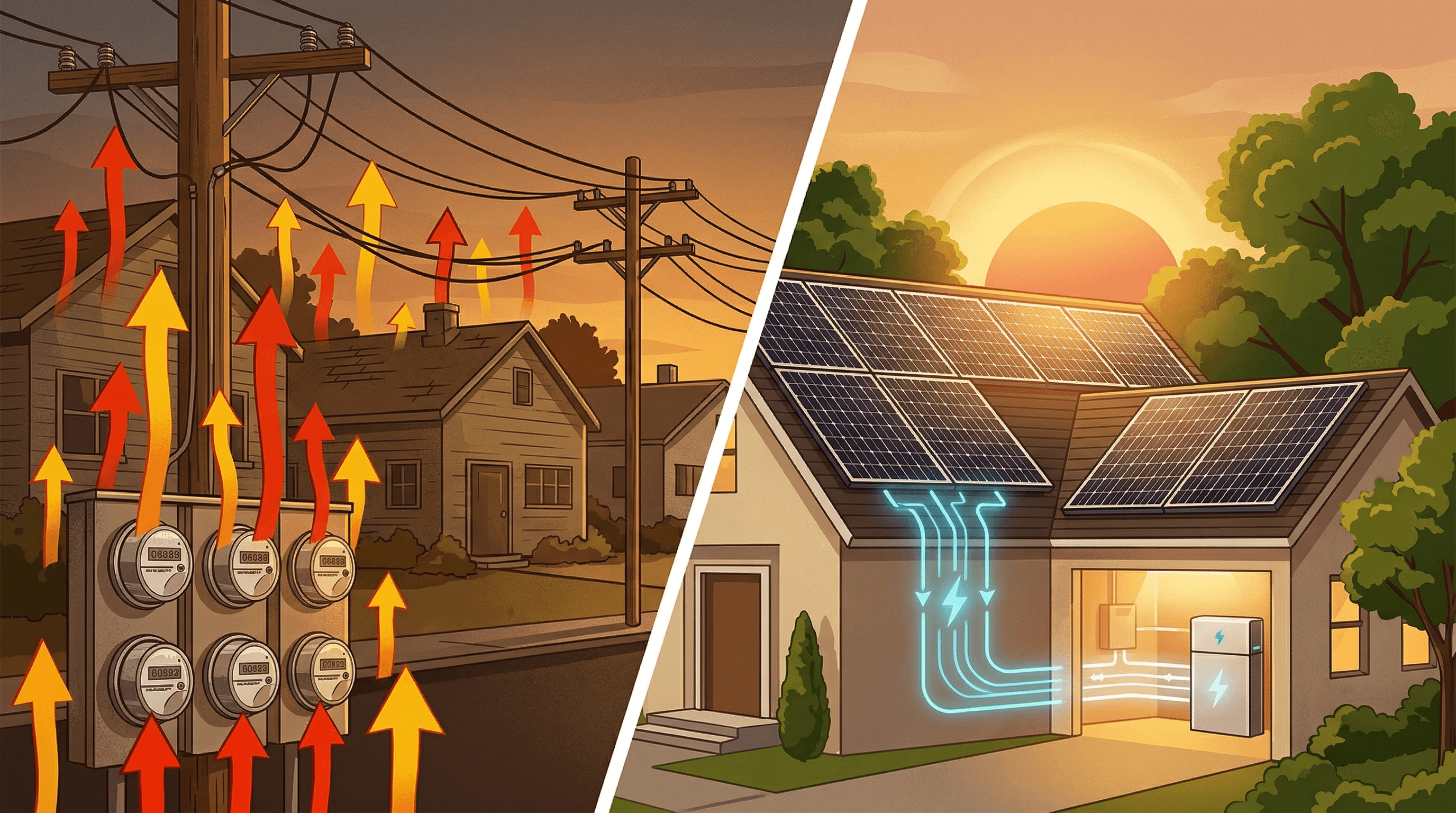 Split view comparing grid dependence with rising utility costs versus solar energy independence