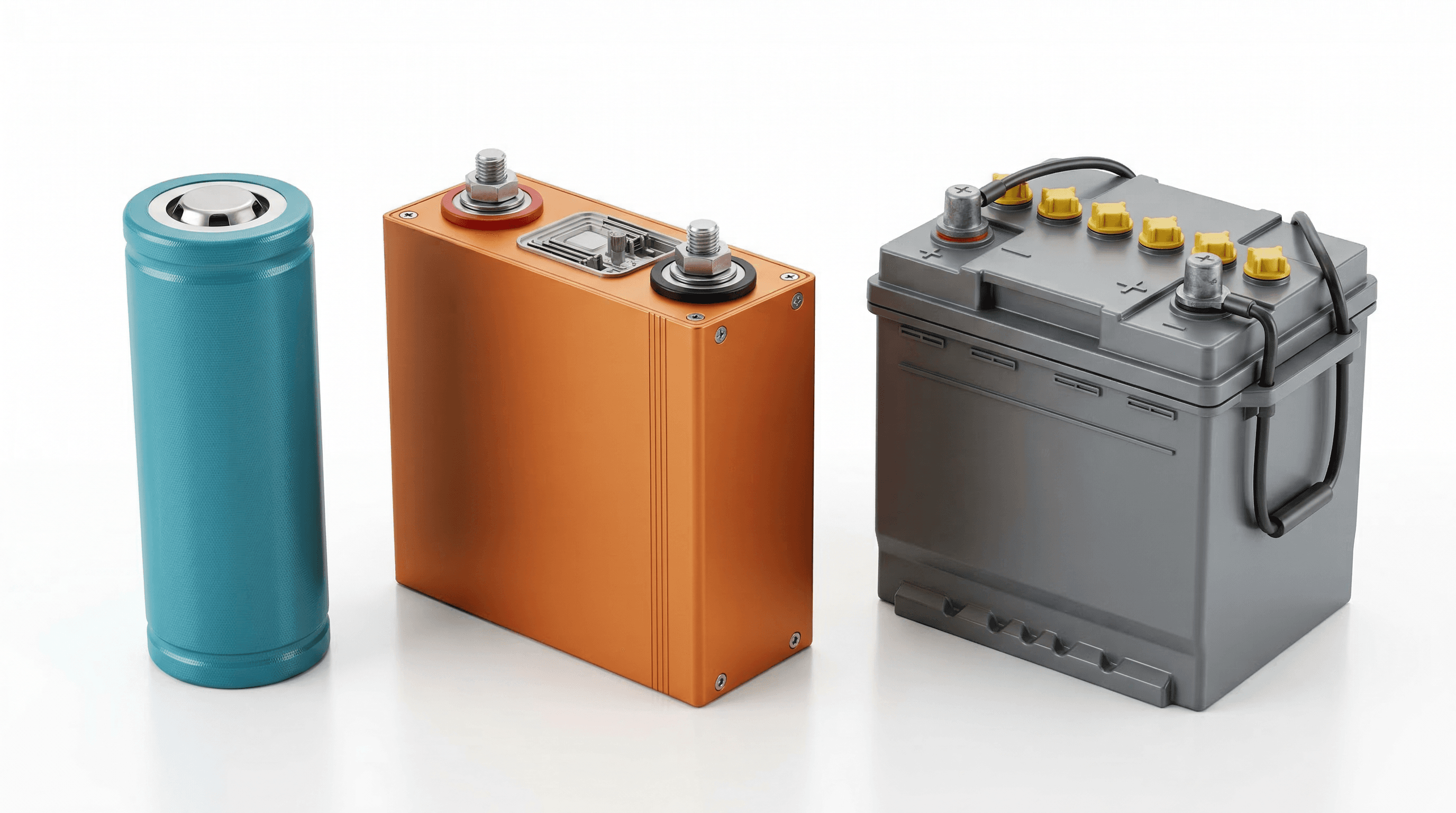 Three battery cell types compared: LFP lithium iron phosphate, NMC nickel manganese cobalt, and lead-acid
