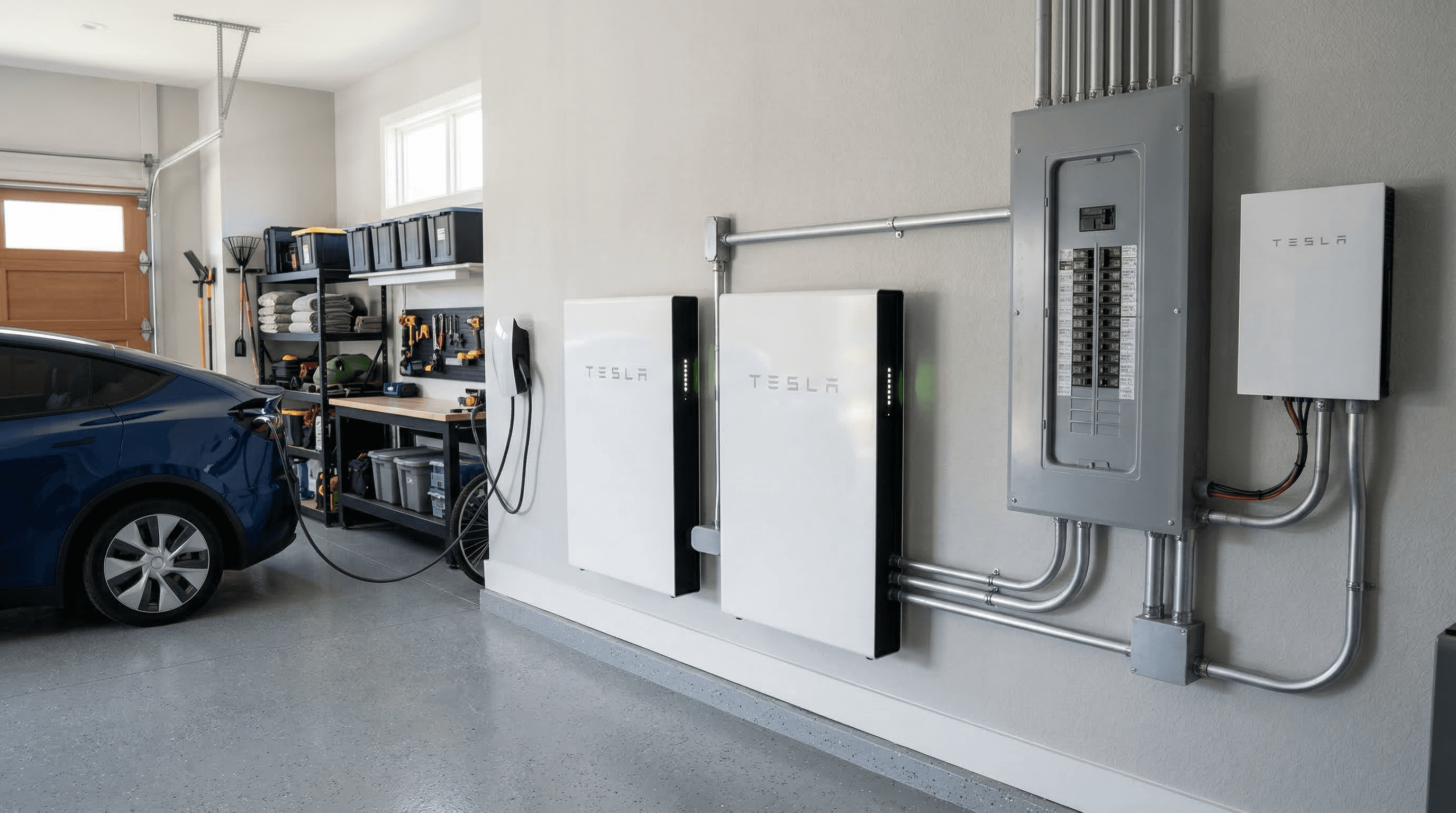 Modern home battery storage system installed in a residential garage
