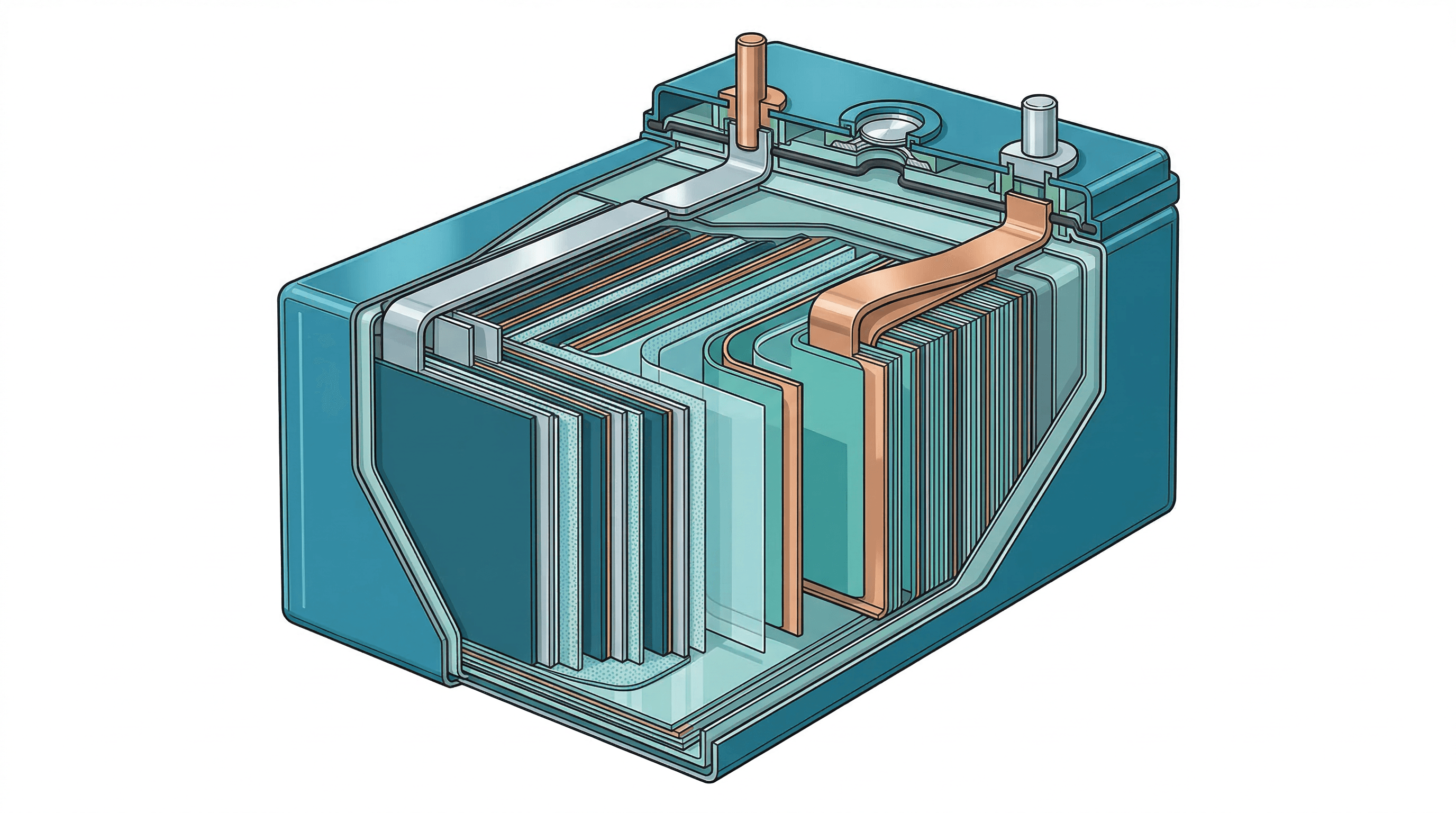 Cutaway diagram of an LFP lithium iron phosphate battery cell showing internal structure