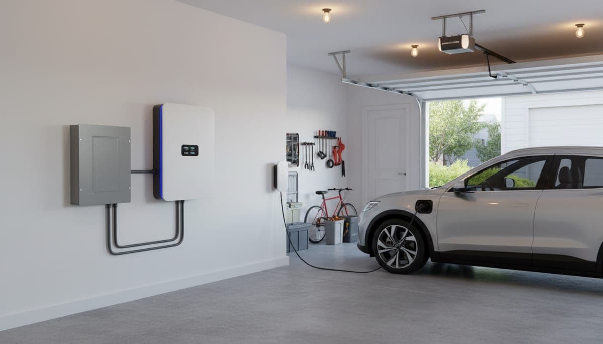 Home battery storage system installed in residential garage