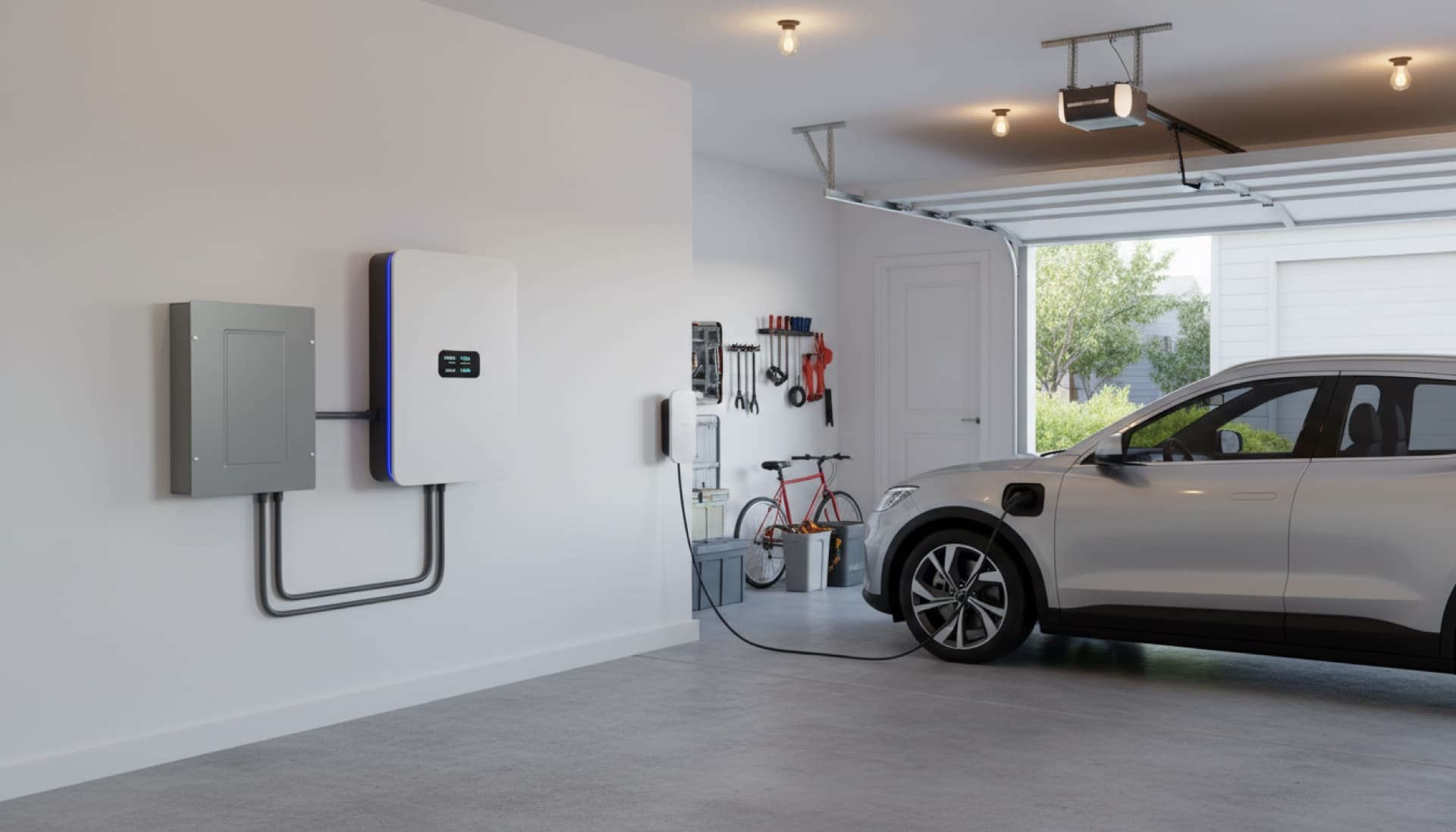 Home battery storage system installed in residential garage