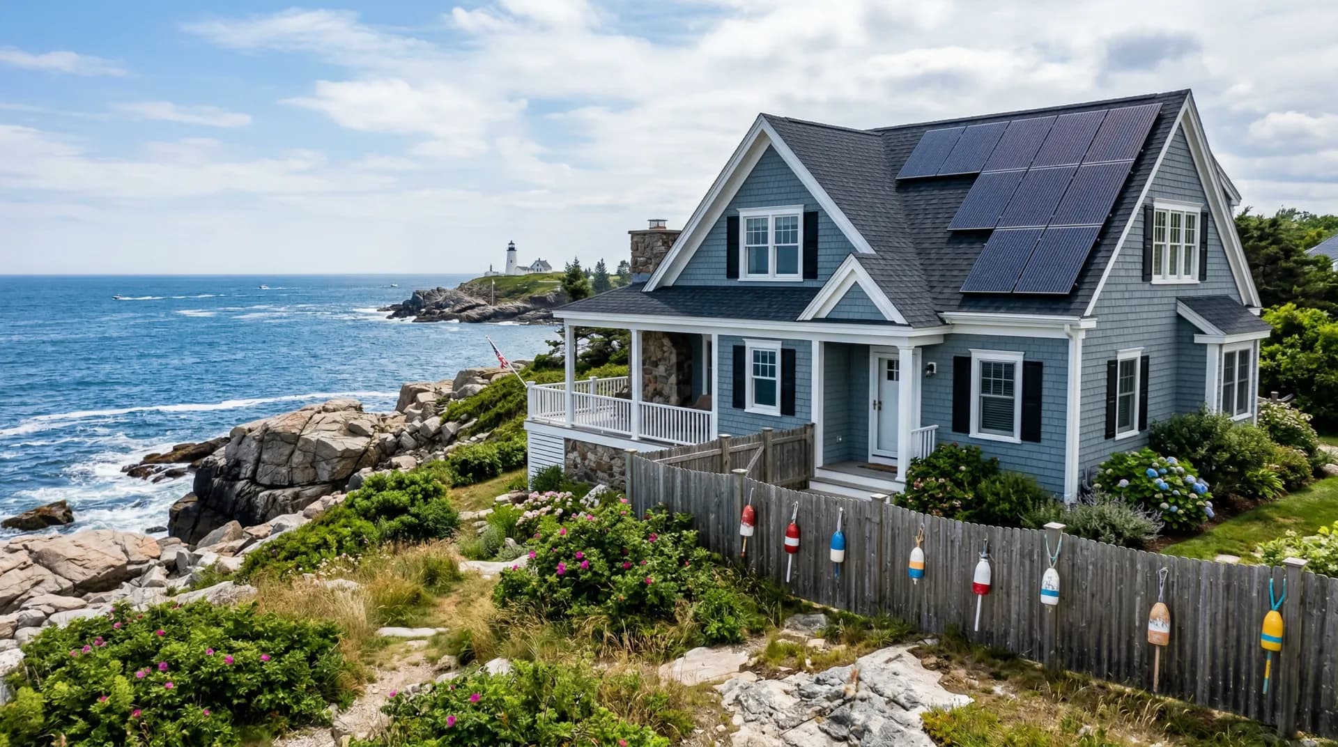 Maine home with solar panels surrounded by pine trees and New England scenery
