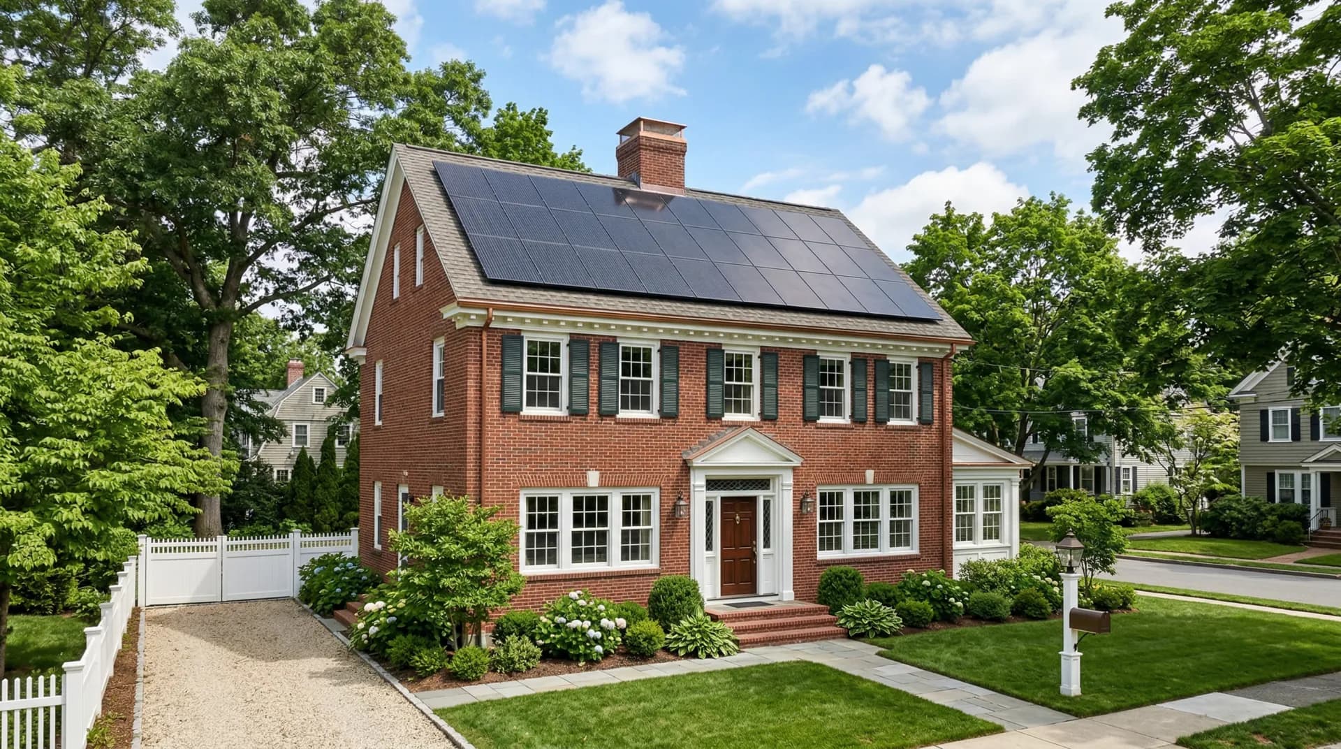 Massachusetts home with solar panels and New England autumn scenery