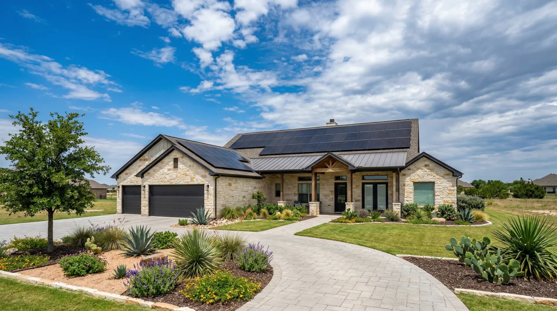 Texas home with solar panels under bright blue sky