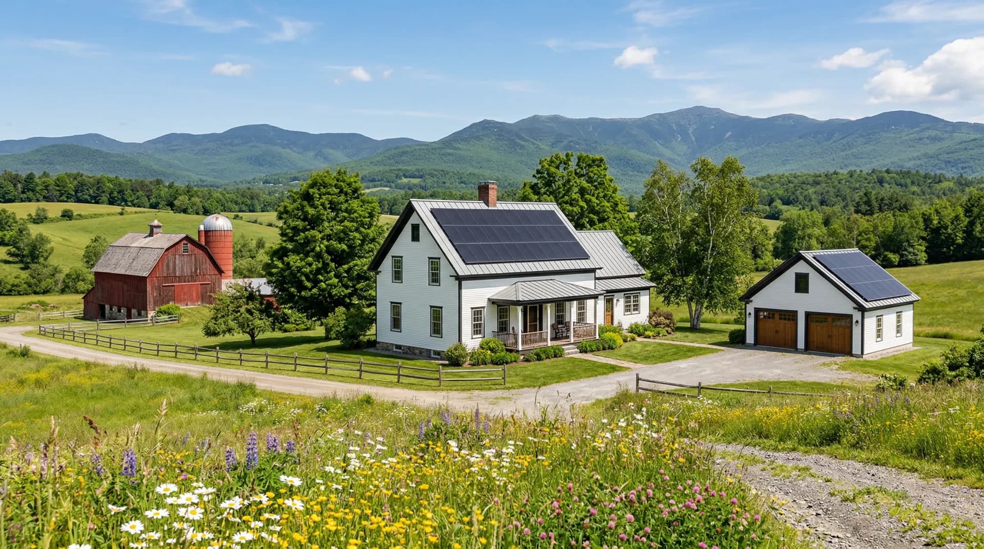Vermont home with solar panels surrounded by Green Mountain scenery