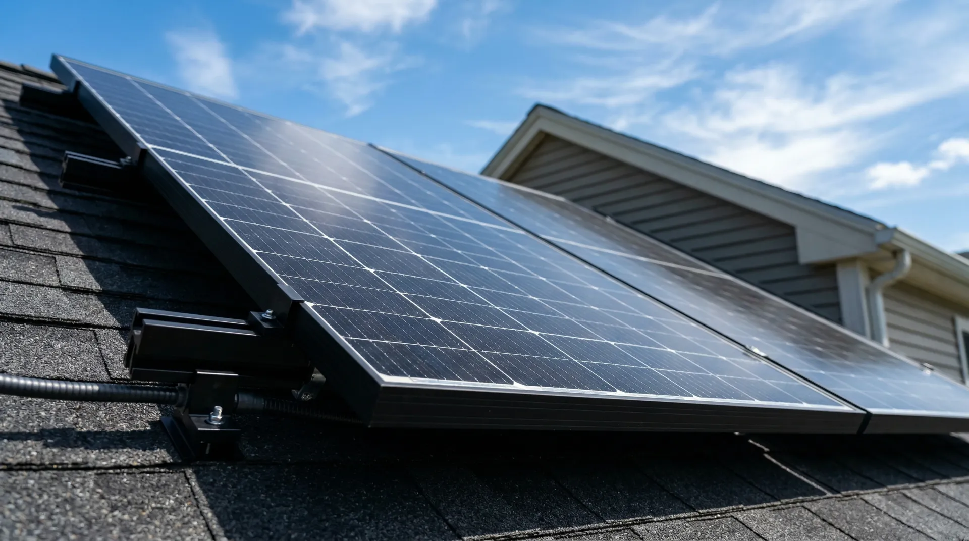 Premium solar panels installed on a Massachusetts home roof showing crisp detail of monocrystalline cells