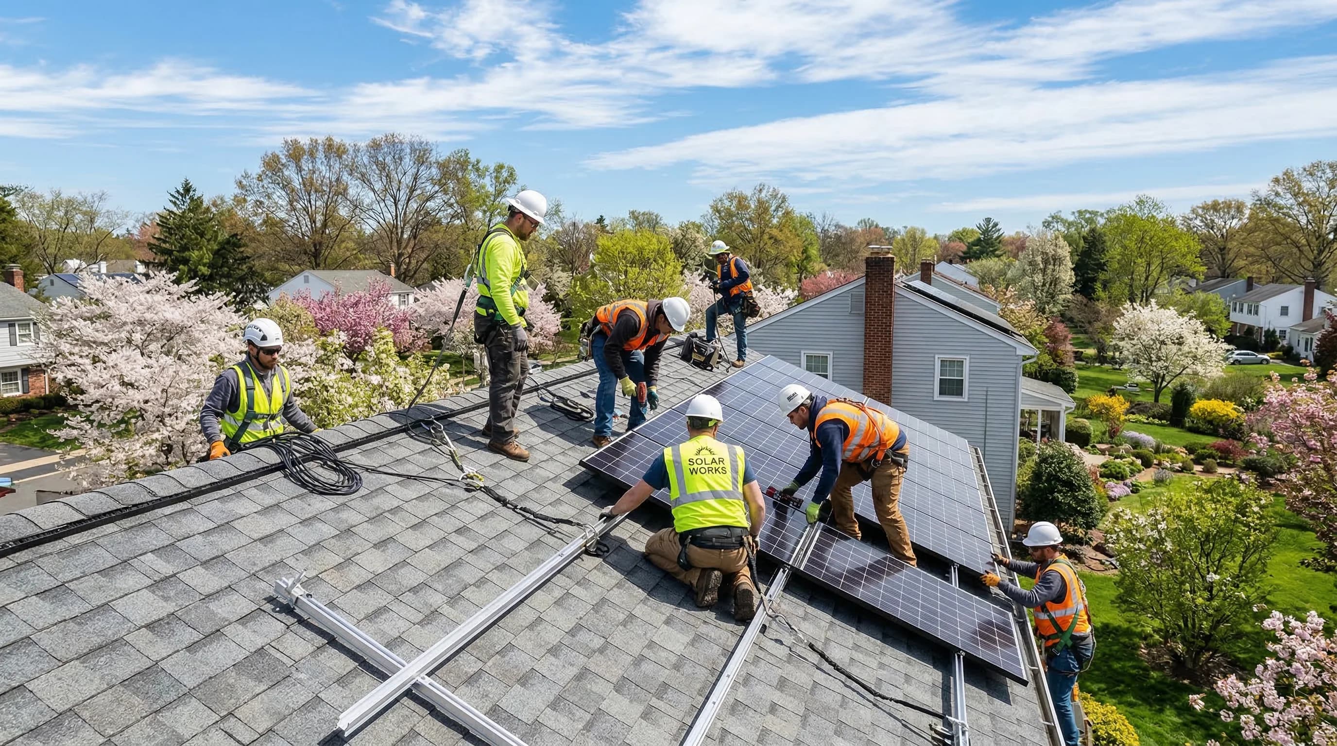 Solar installation crew working on a residential roof during ideal fall weather