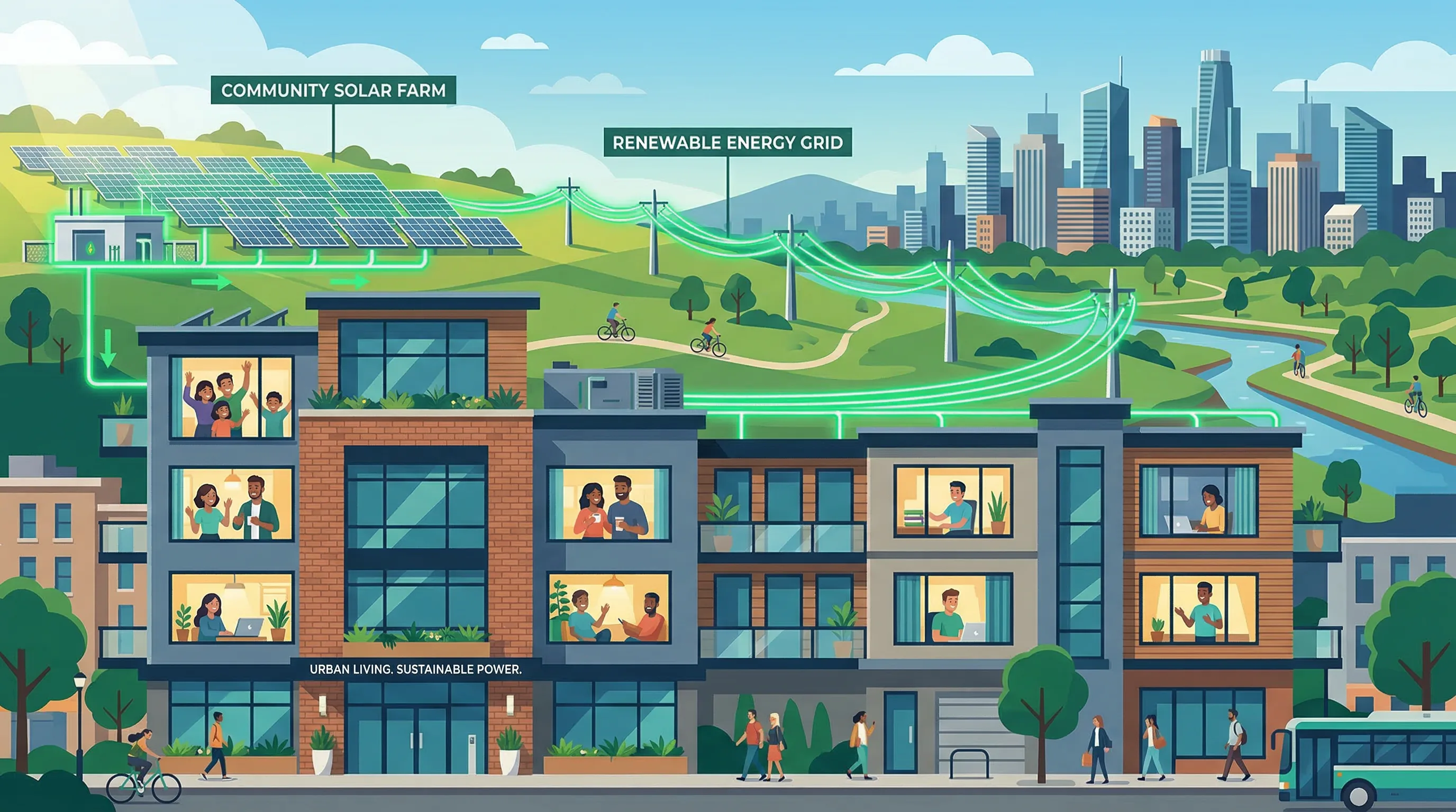 Community solar farm providing clean energy credits to apartment renters and tenants