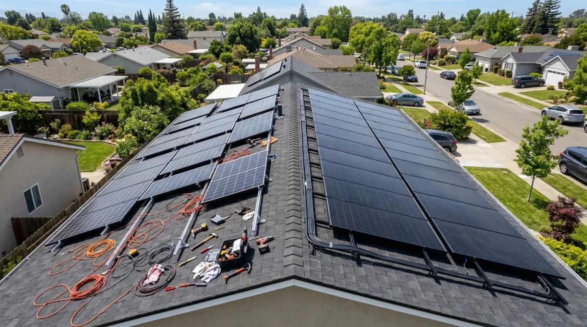 Split view comparing DIY solar panel installation with misaligned panels versus a clean professional solar installation on a residential roof