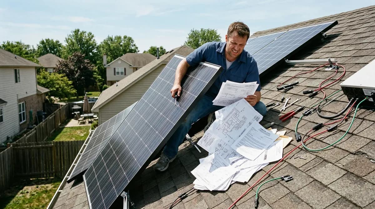 Homeowner on roof dealing with complex solar wiring, permit documents, and safety hazards during a DIY installation