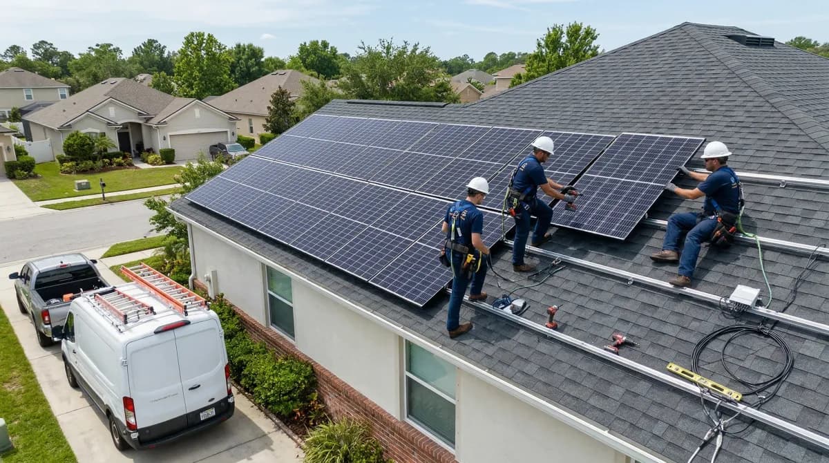 Professional solar installation crew working safely on a residential roof with proper harnesses and equipment