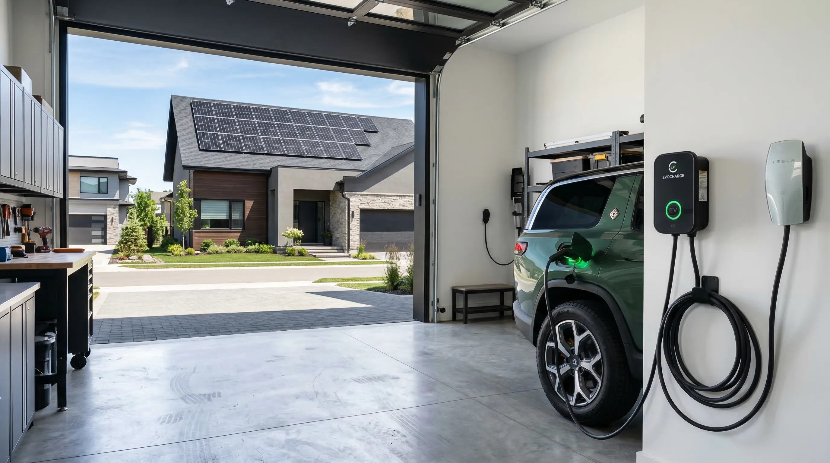 Electric vehicle charging at home with rooftop solar panels powering the Level 2 charger