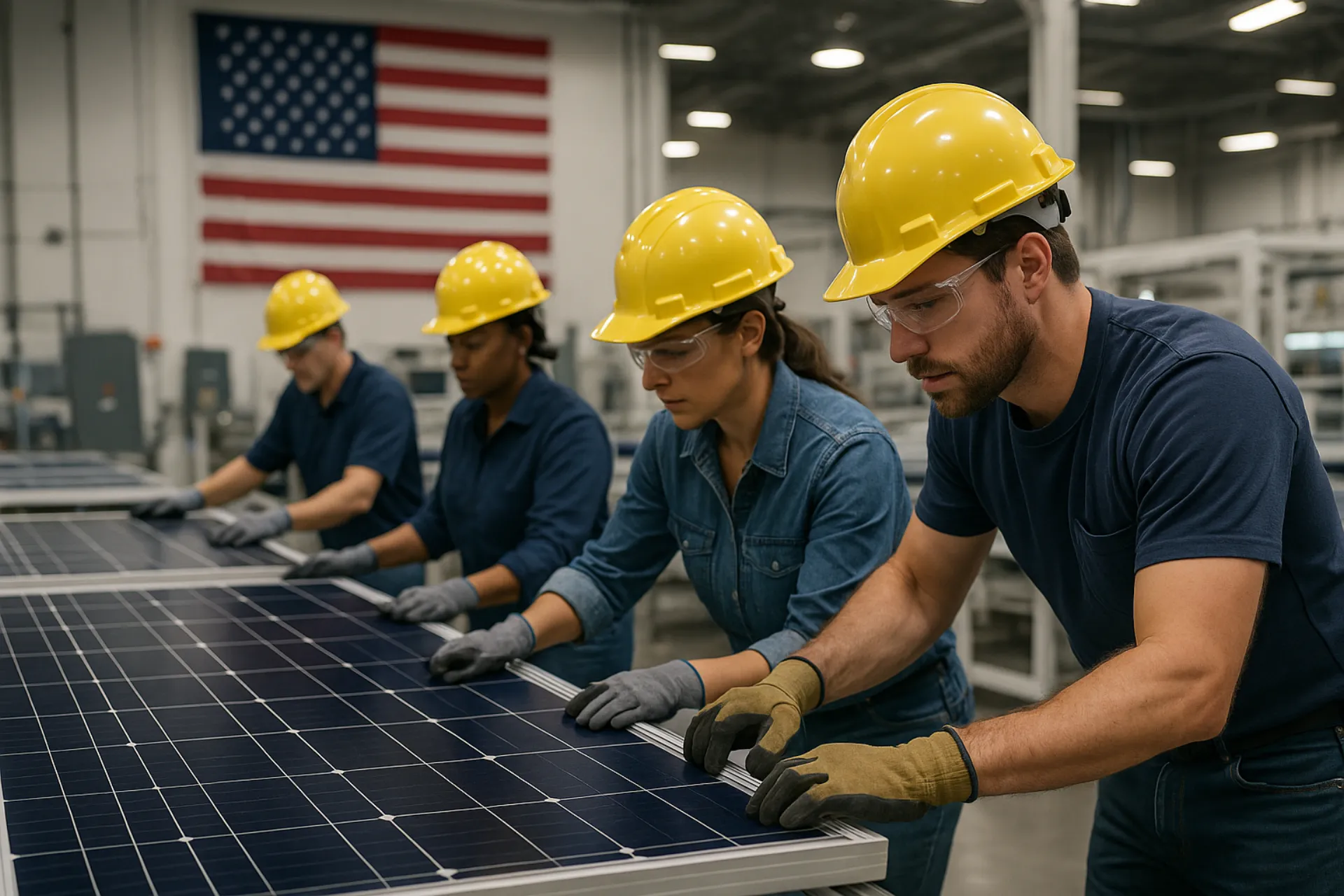 American workers assembling solar panels on a US factory floor with American flag