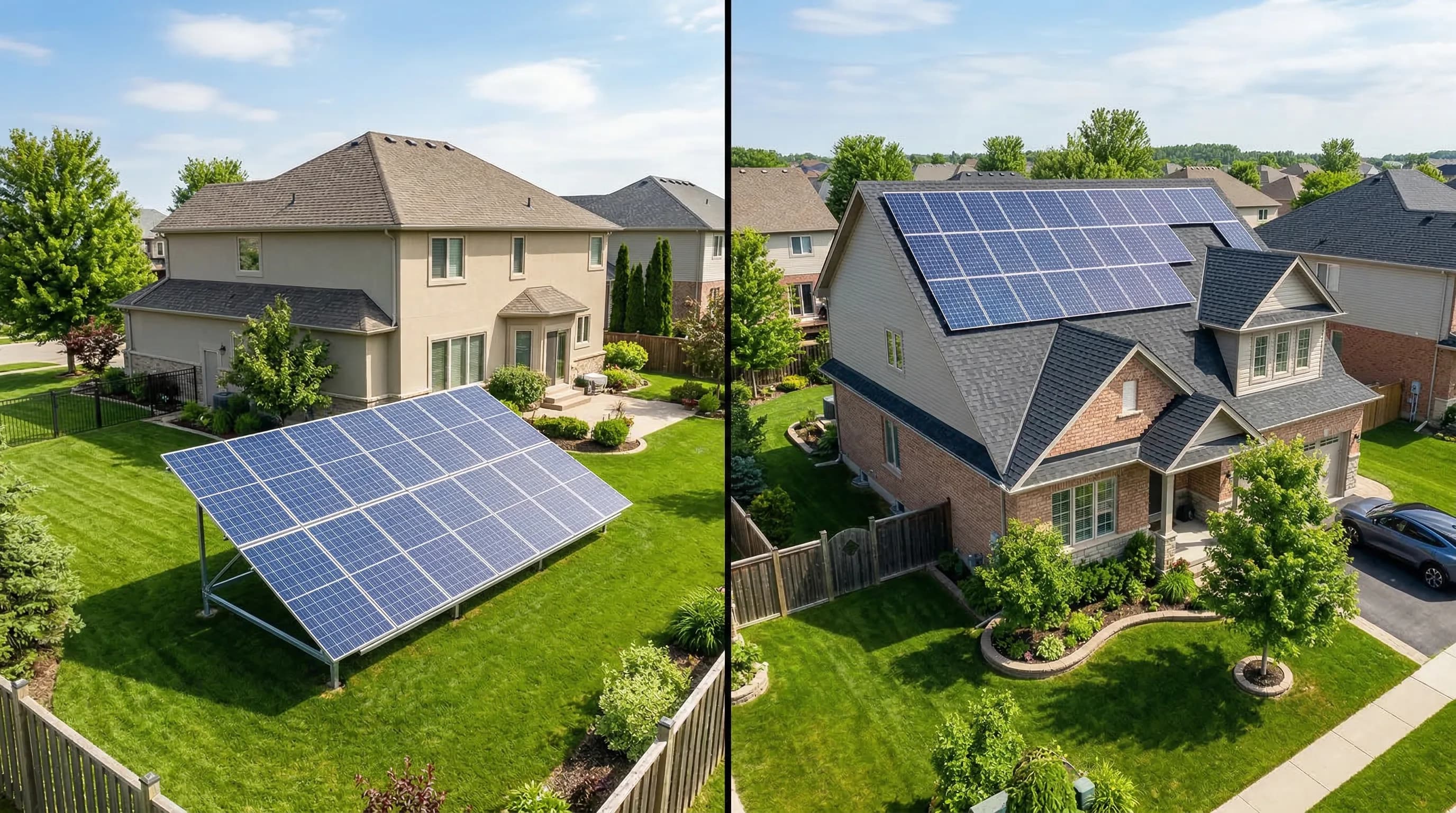 Side-by-side comparison of ground-mounted and rooftop solar panel installations
