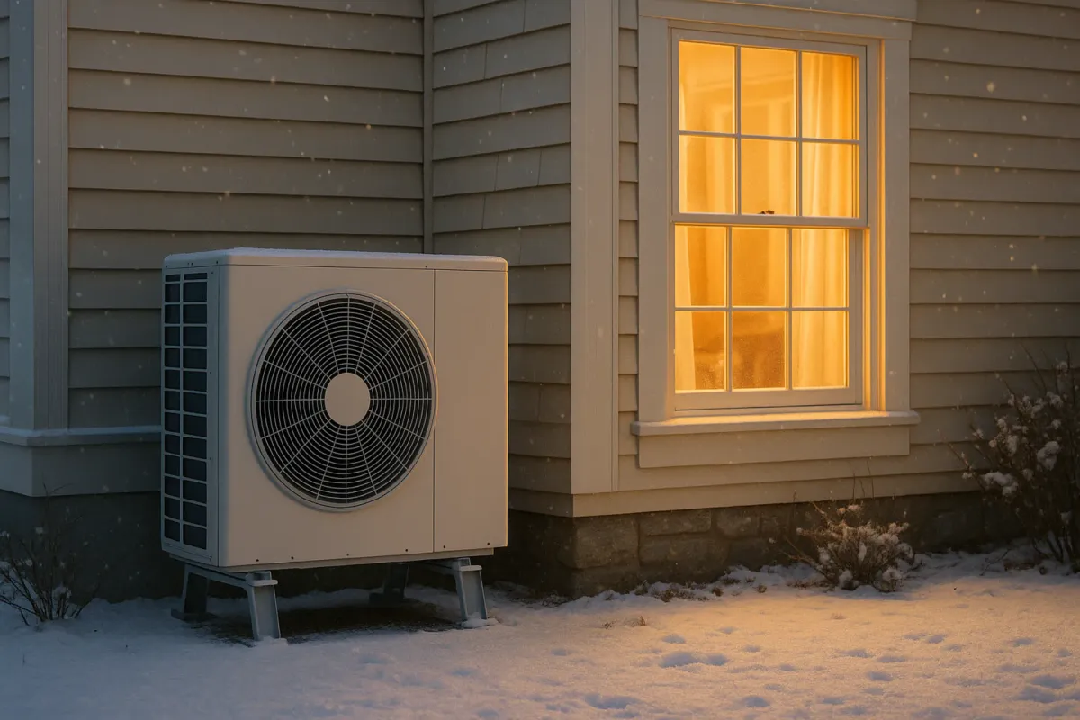 Modern cold-climate heat pump beside a New England home in light snow