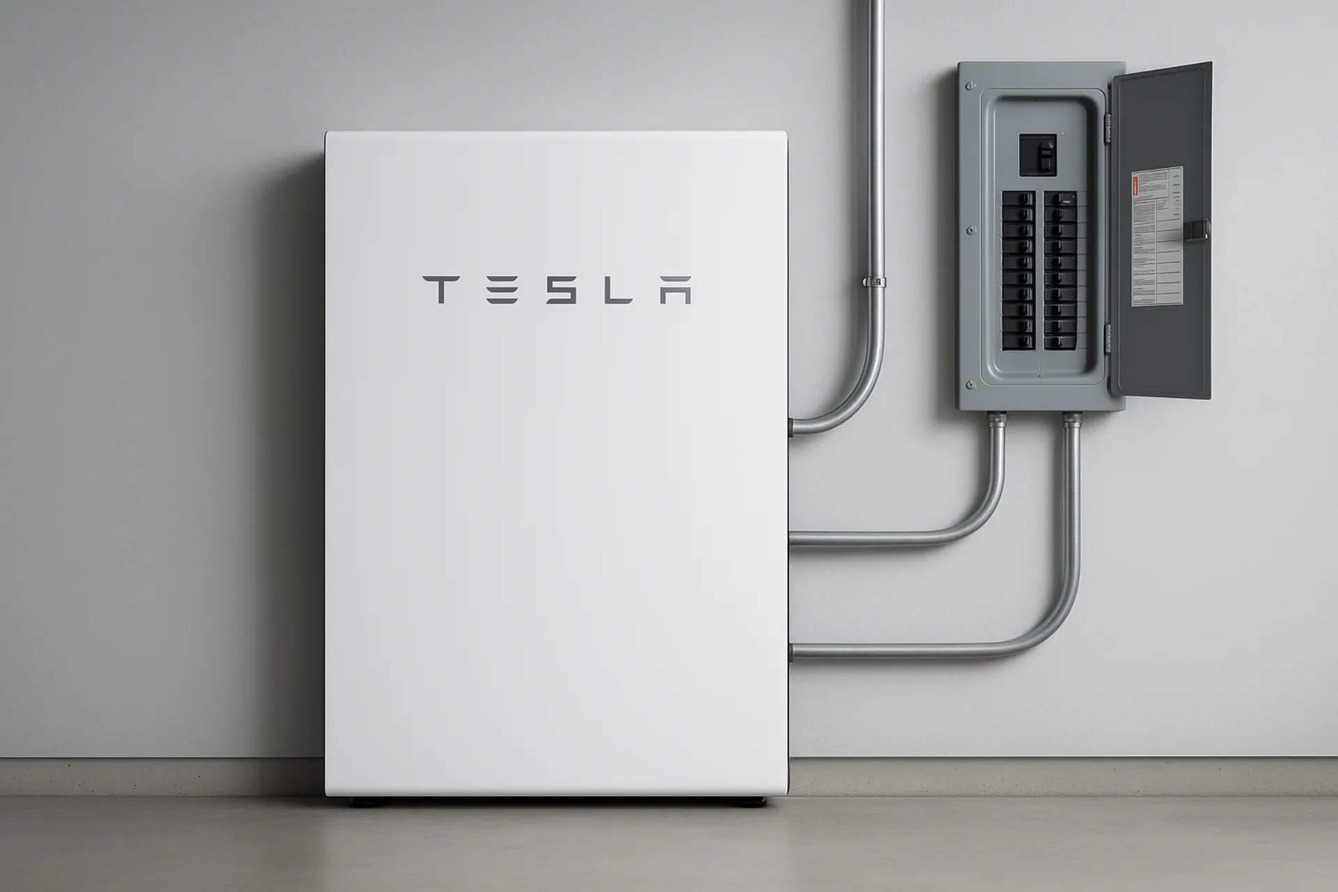 Home battery installed on a clean garage wall with LED status lights glowing green