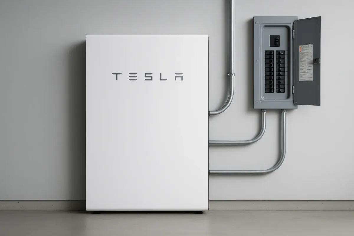 Home battery installed on a clean garage wall with LED status lights glowing green