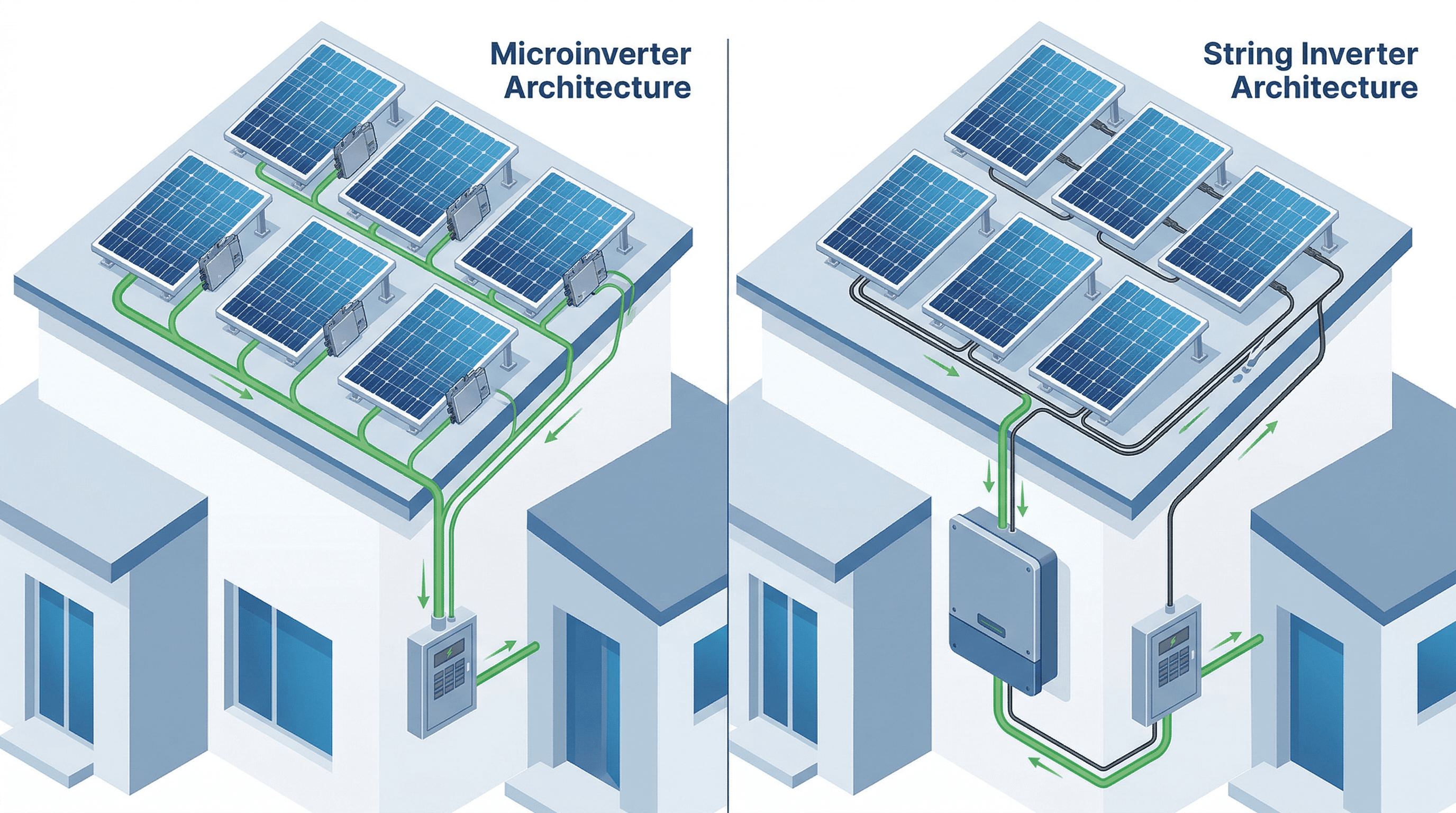 Split comparison of microinverter and string inverter solar system architectures showing panel-level vs centralized power conversion