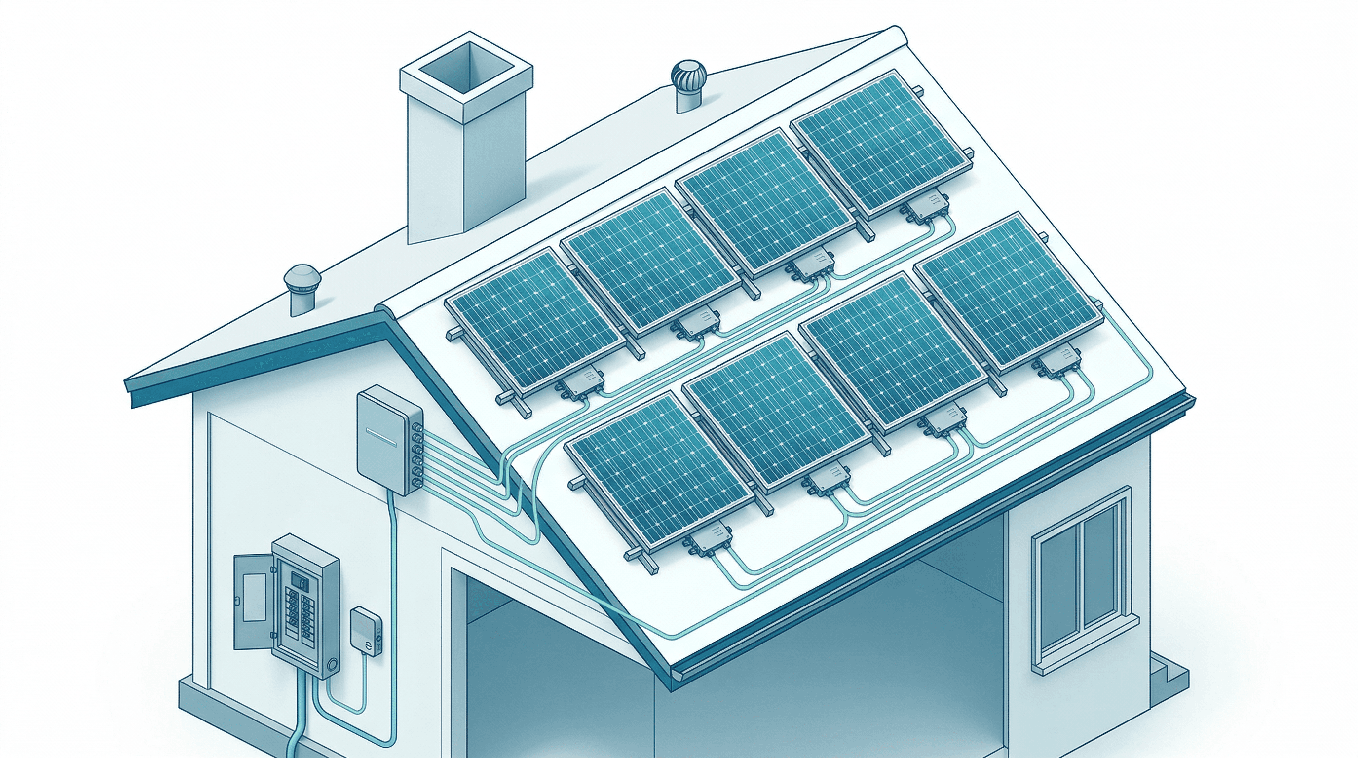 Diagram showing microinverter system with individual inverters on each solar panel converting DC to AC independently