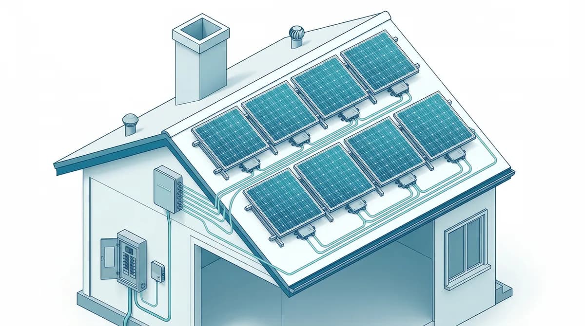 Diagram showing microinverter system with individual inverters on each solar panel converting DC to AC independently