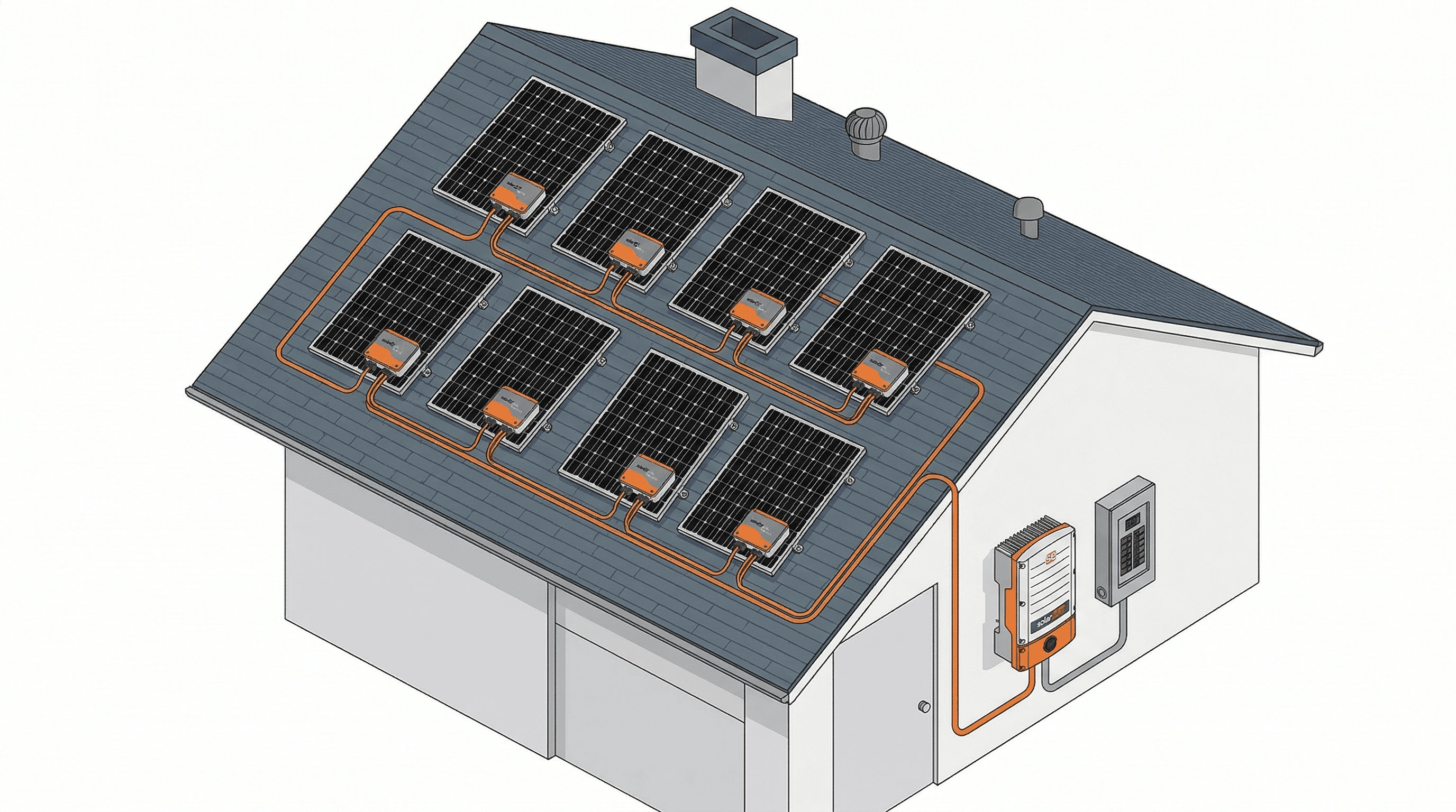 Diagram showing string inverter system with panels wired in series to a central SolarEdge inverter with power optimizers