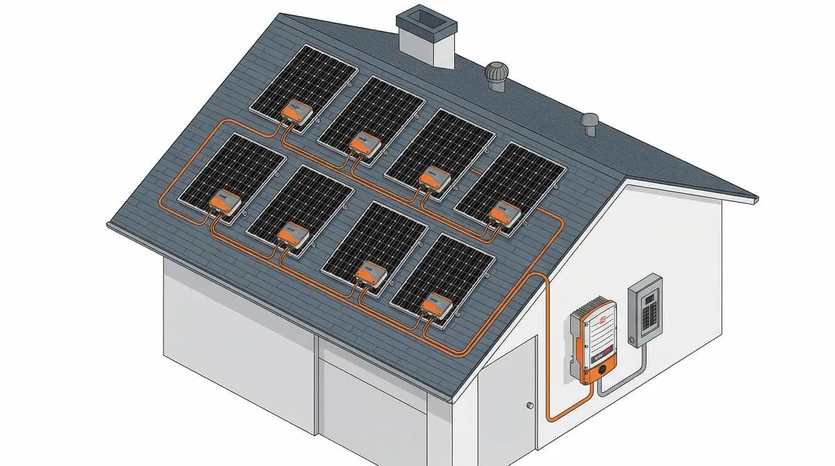Diagram showing string inverter system with panels wired in series to a central SolarEdge inverter with power optimizers