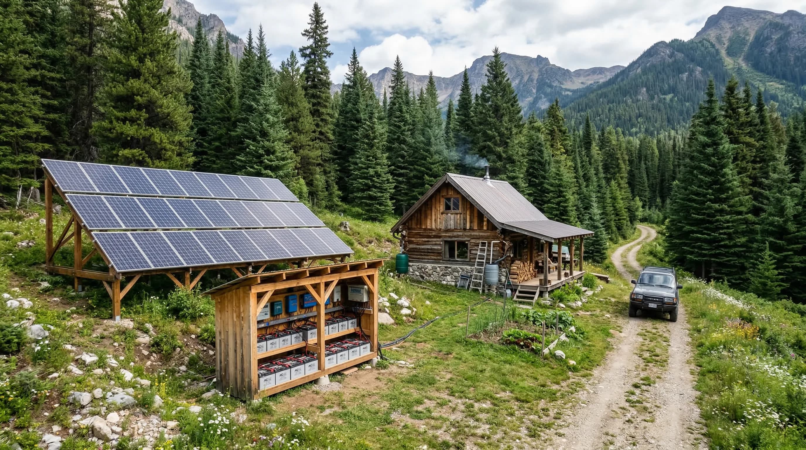 Off-grid solar system with large panel array and battery bank powering a remote home