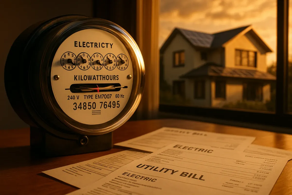 Electricity meter with utility bills and solar panels visible through window
