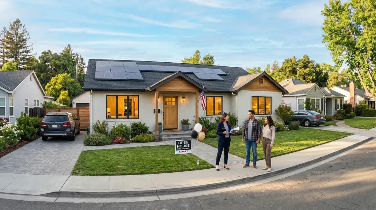 House with solar panels and real estate agent