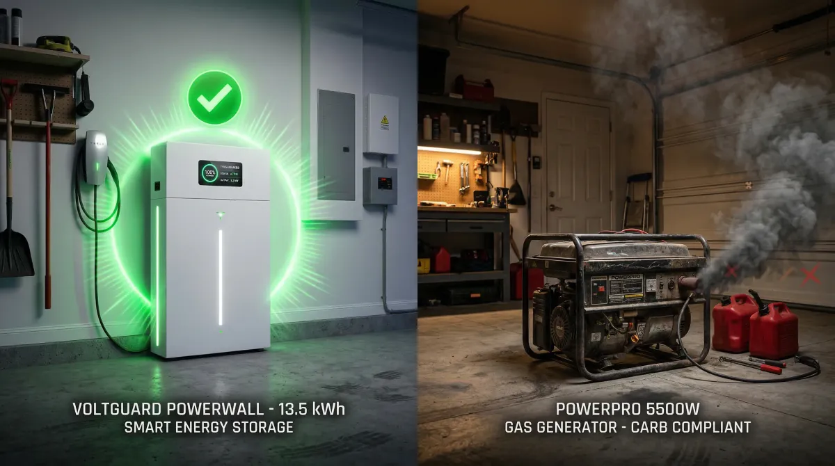 Side-by-side comparison of a solar battery system and a backup generator for home power