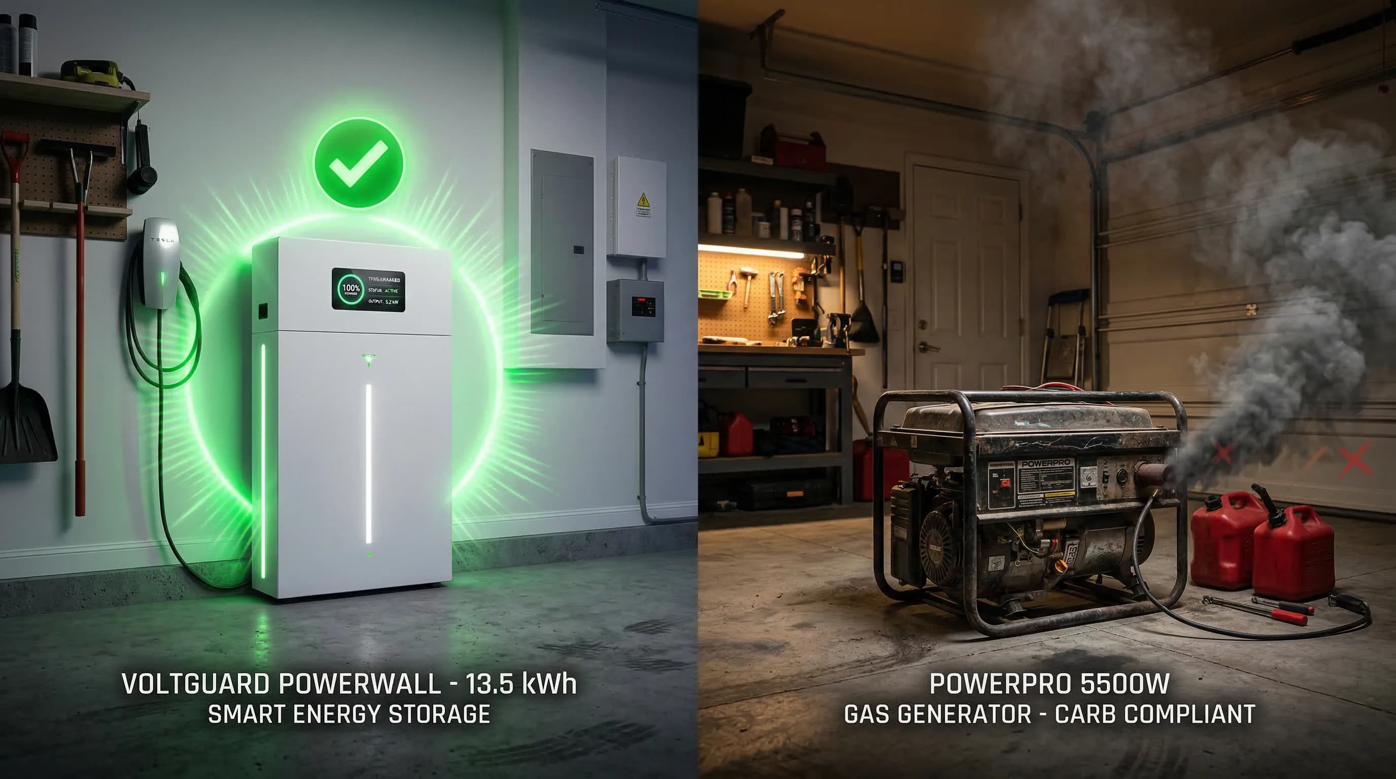 Side-by-side comparison of a solar battery system and a backup generator for home power