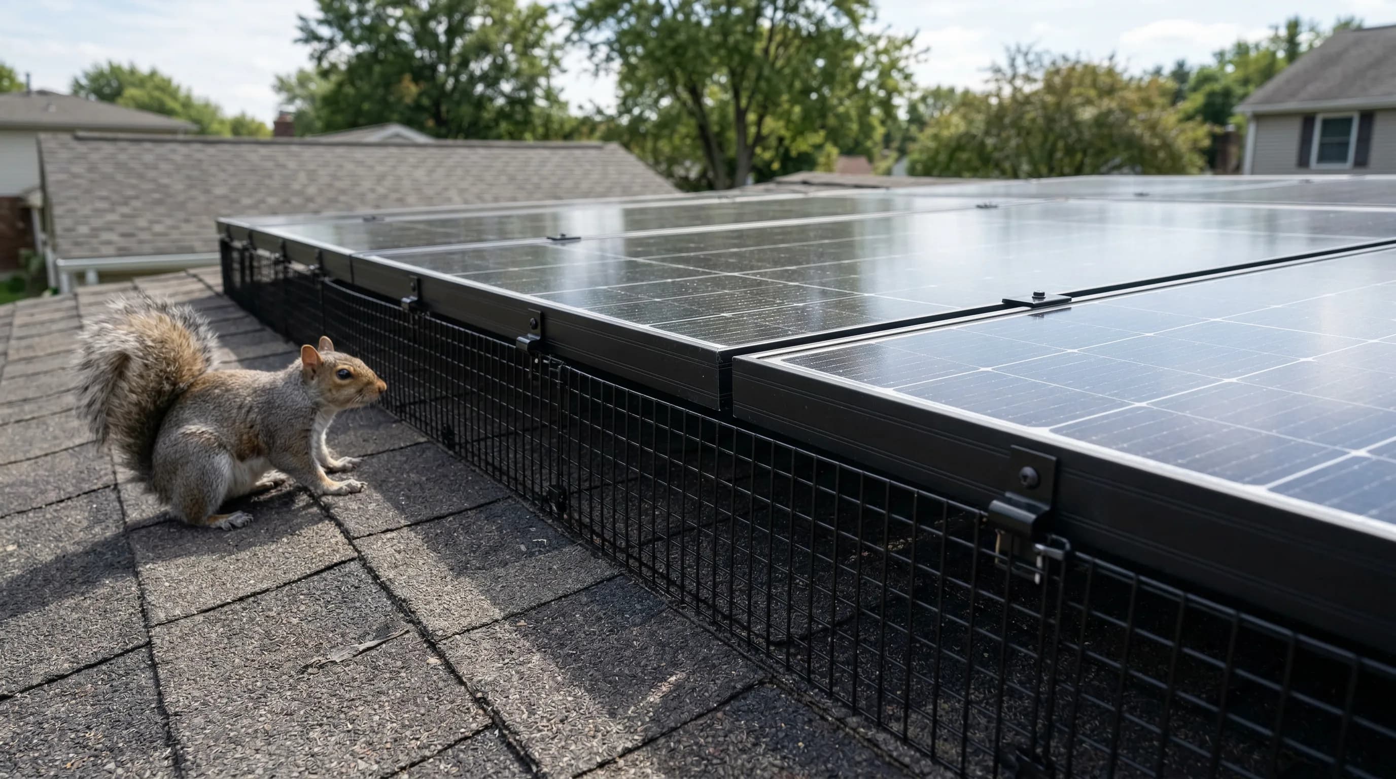 Solar panel critter guard mesh installed around rooftop solar array to prevent birds and squirrels