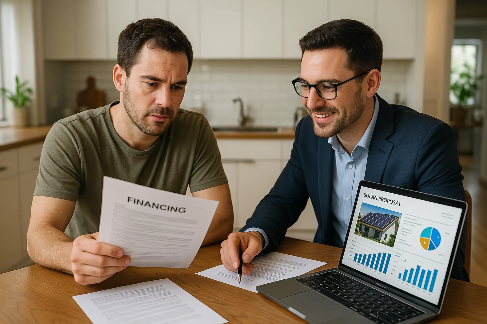 Homeowner and solar consultant reviewing financing documents at a kitchen table