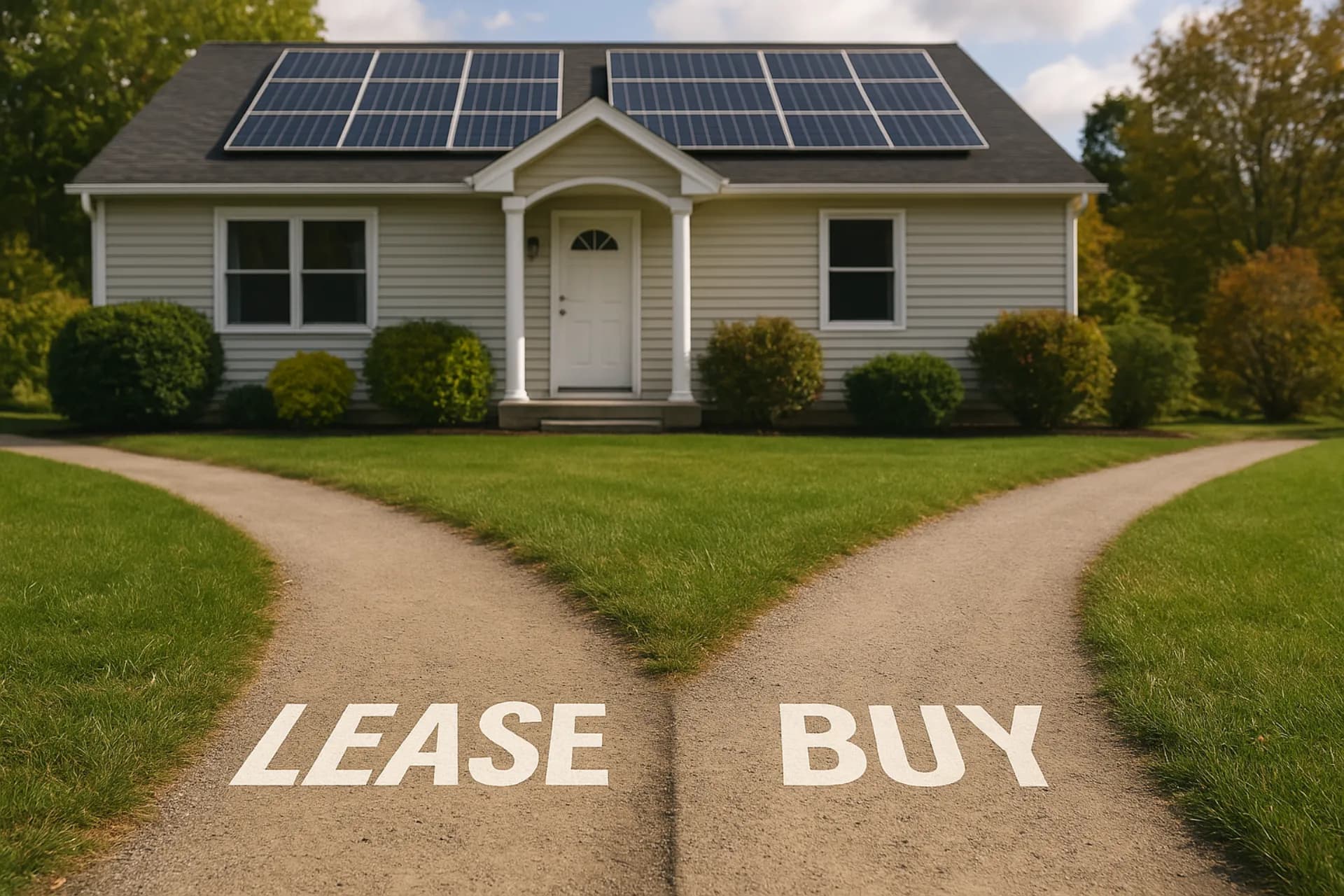 Two paths diverging in front of a house with solar panels, lease vs buy comparison