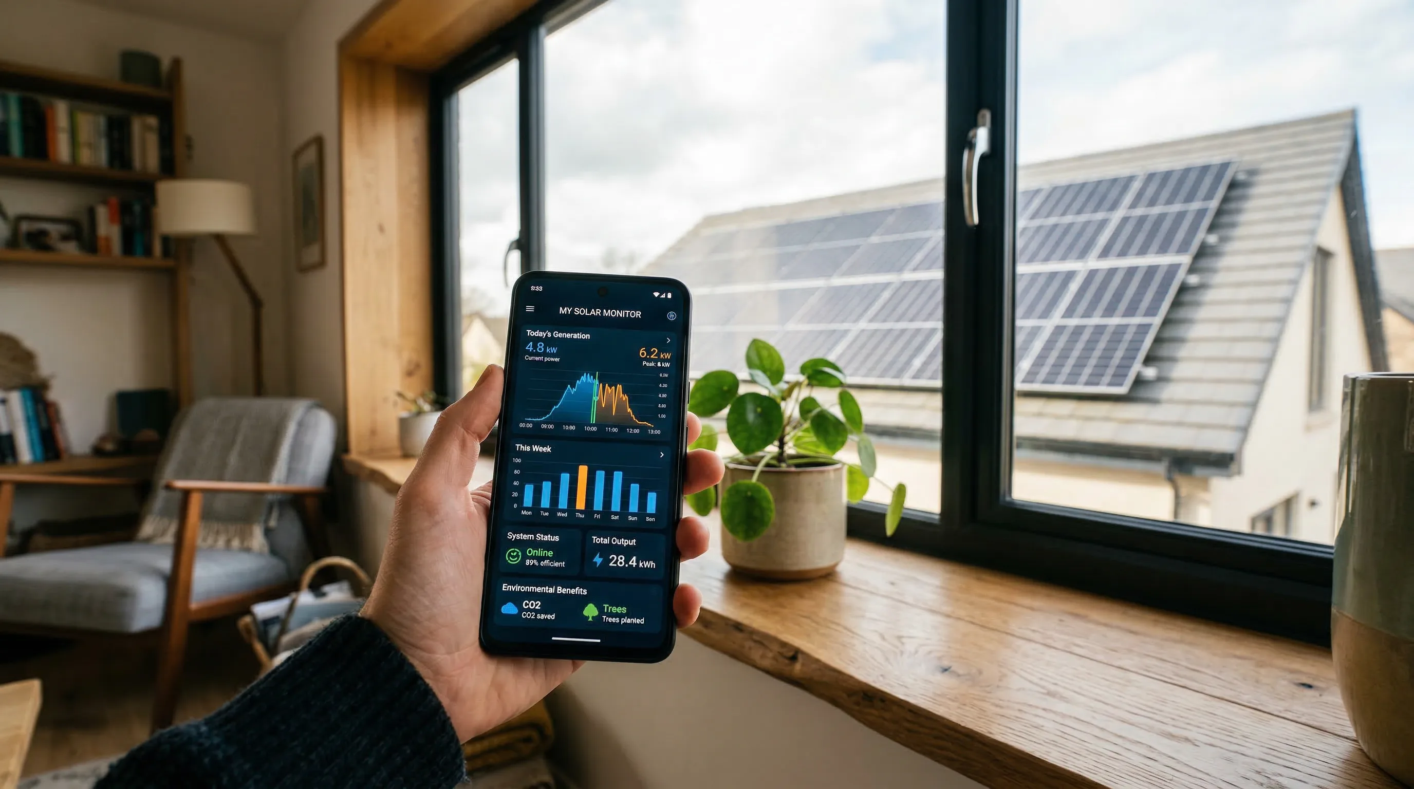 Smartphone displaying a solar monitoring app with production graphs and panel status