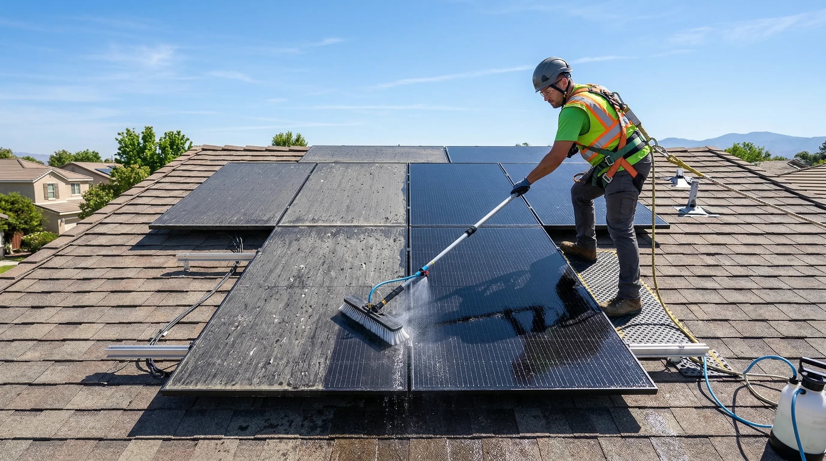 Clean solar panels on residential roof