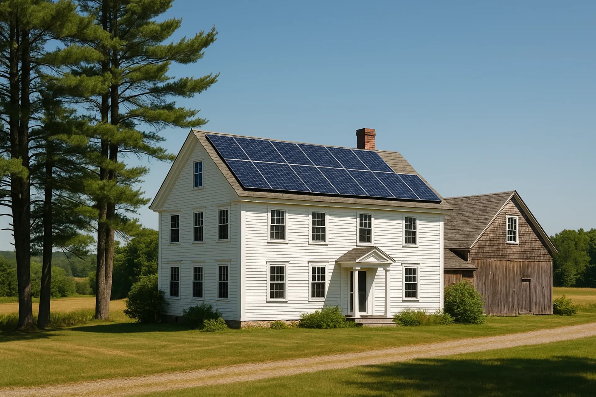 Maine farmhouse with solar panels and pine trees