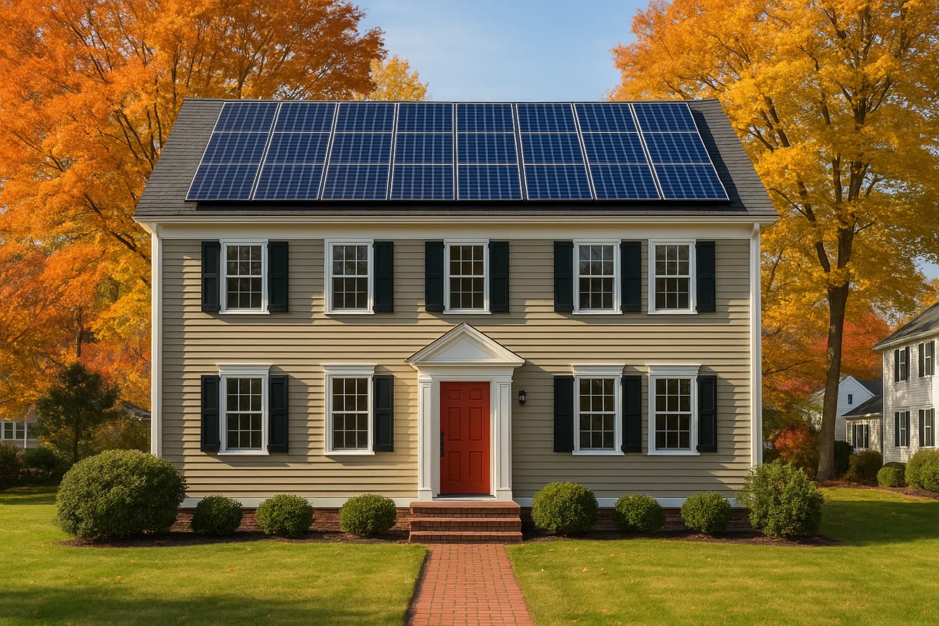 Massachusetts colonial home with rooftop solar panels and autumn foliage