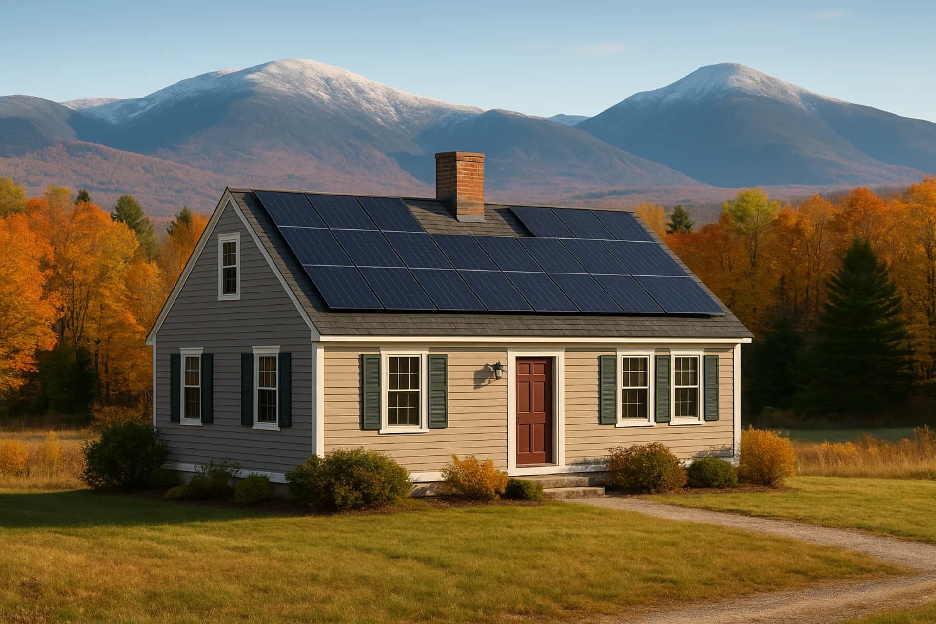 New Hampshire home with solar panels and White Mountains backdrop