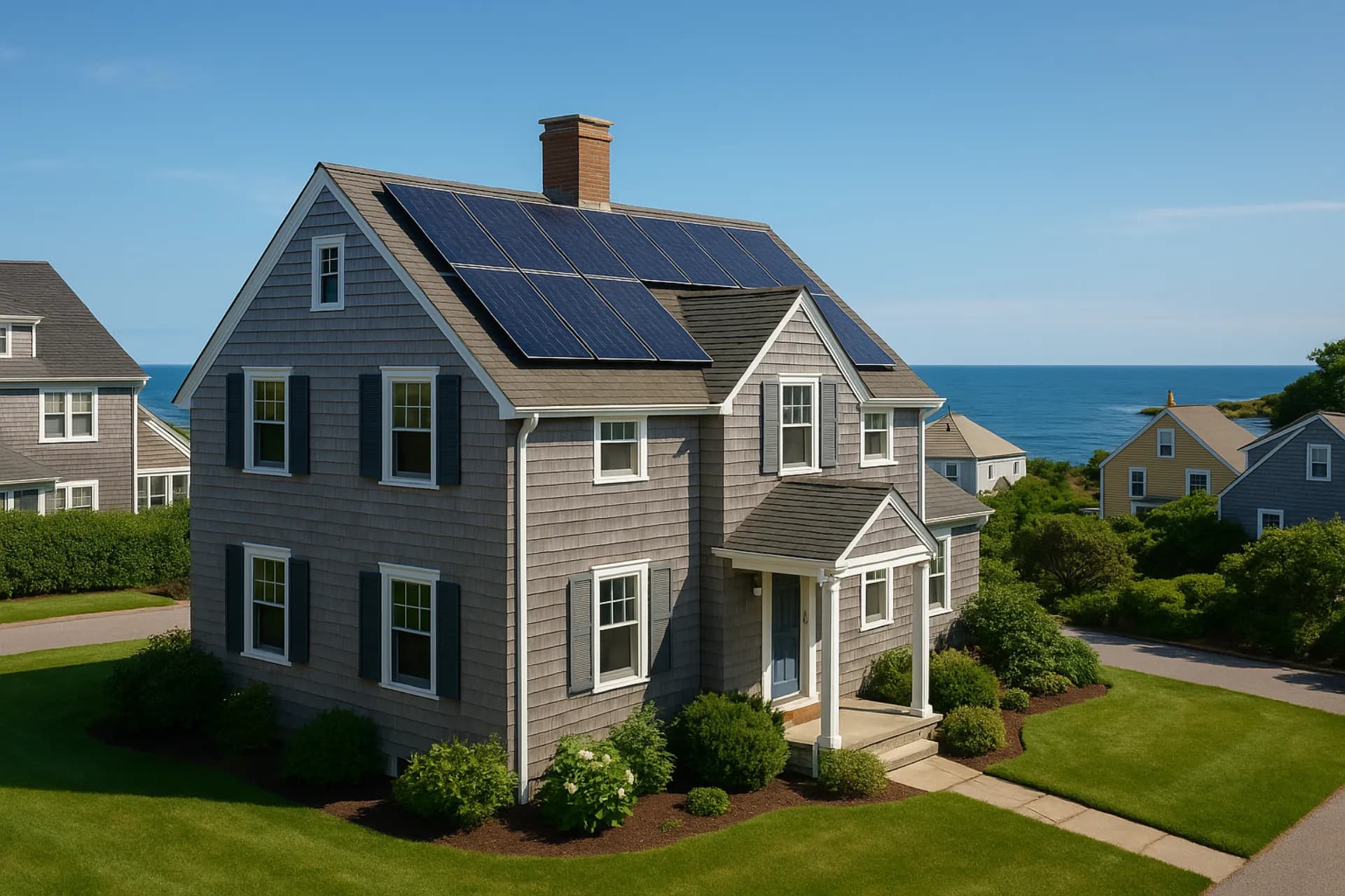 Rhode Island coastal home with solar panels and ocean view