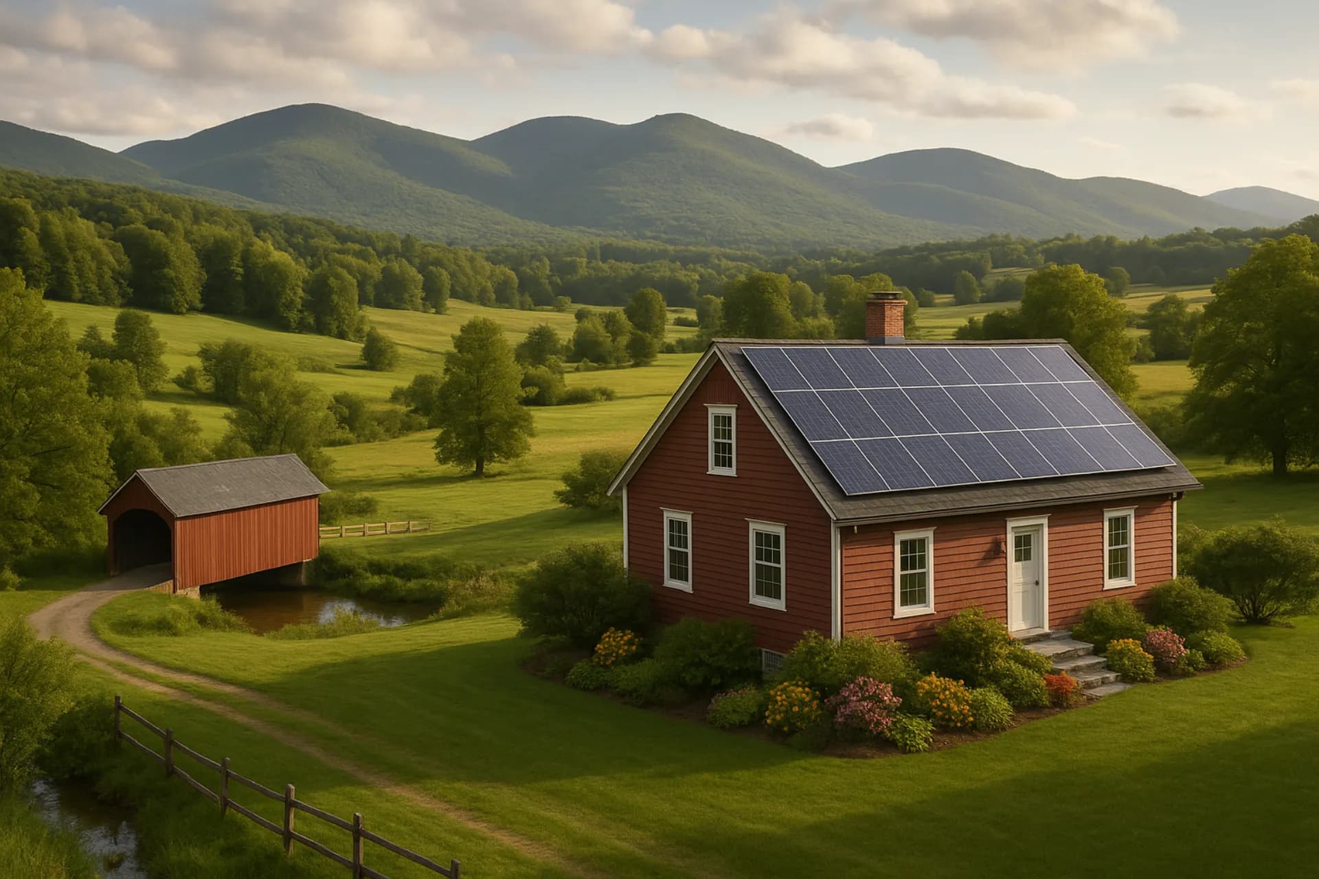 Vermont home with solar panels and green mountain backdrop