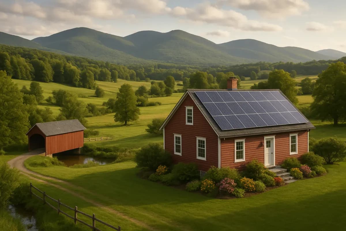 Vermont home with solar panels and green mountain backdrop