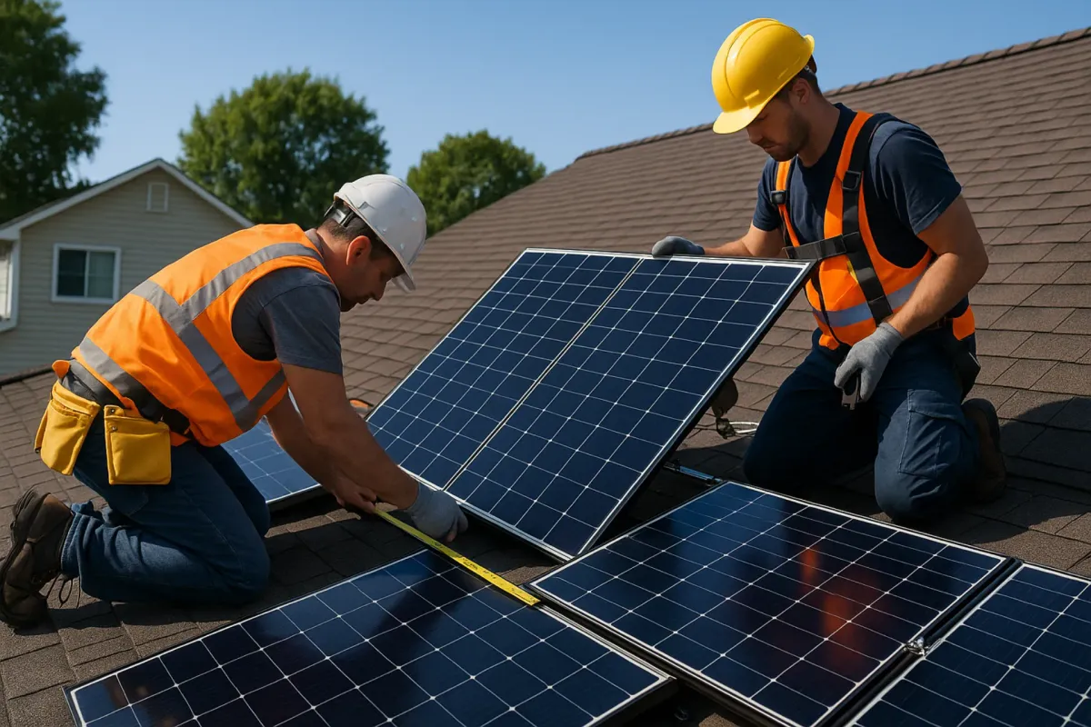 Solar panel installation on residential rooftop with workers