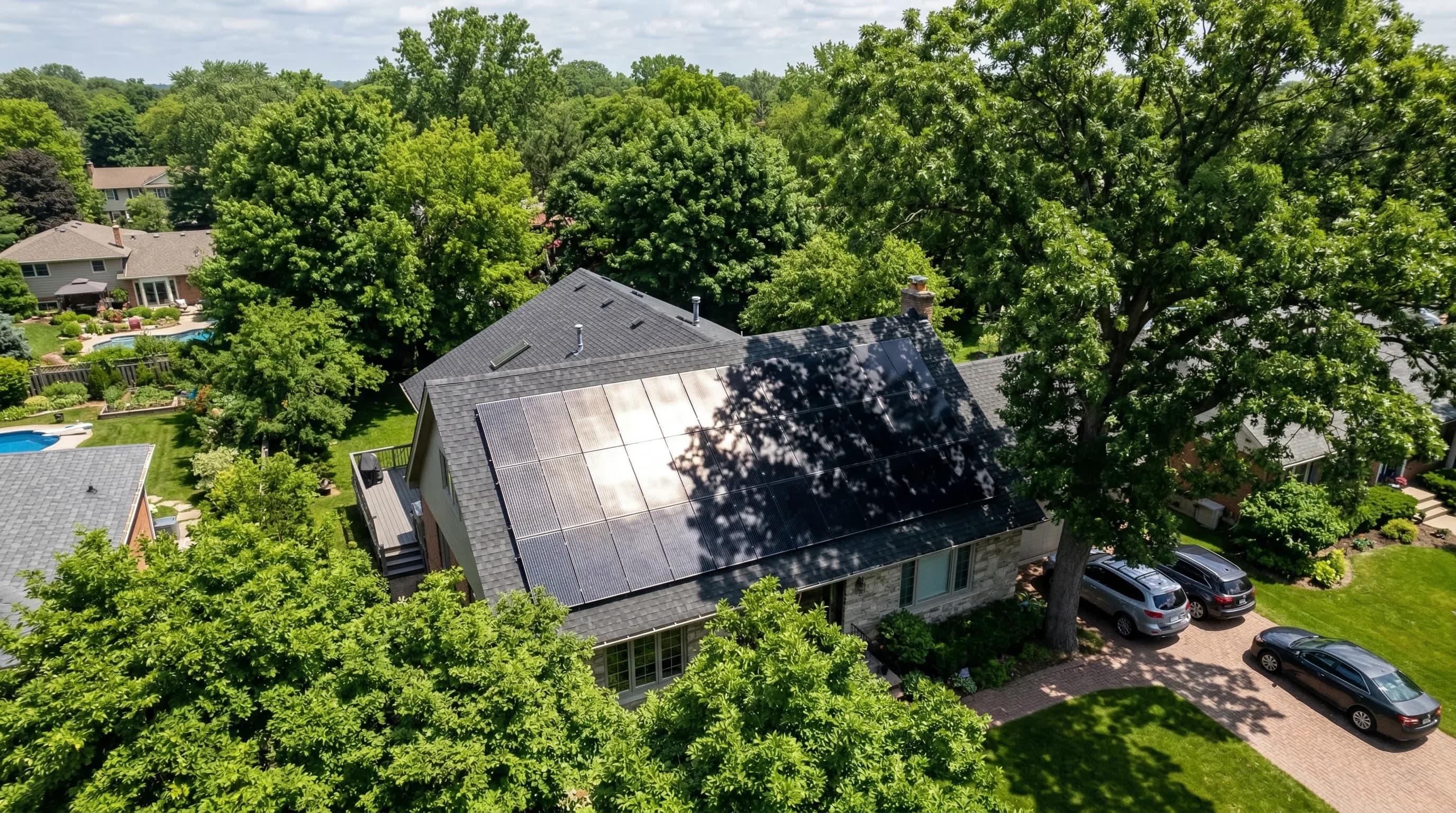 Solar panels on a roof with tree shade casting shadows across the array