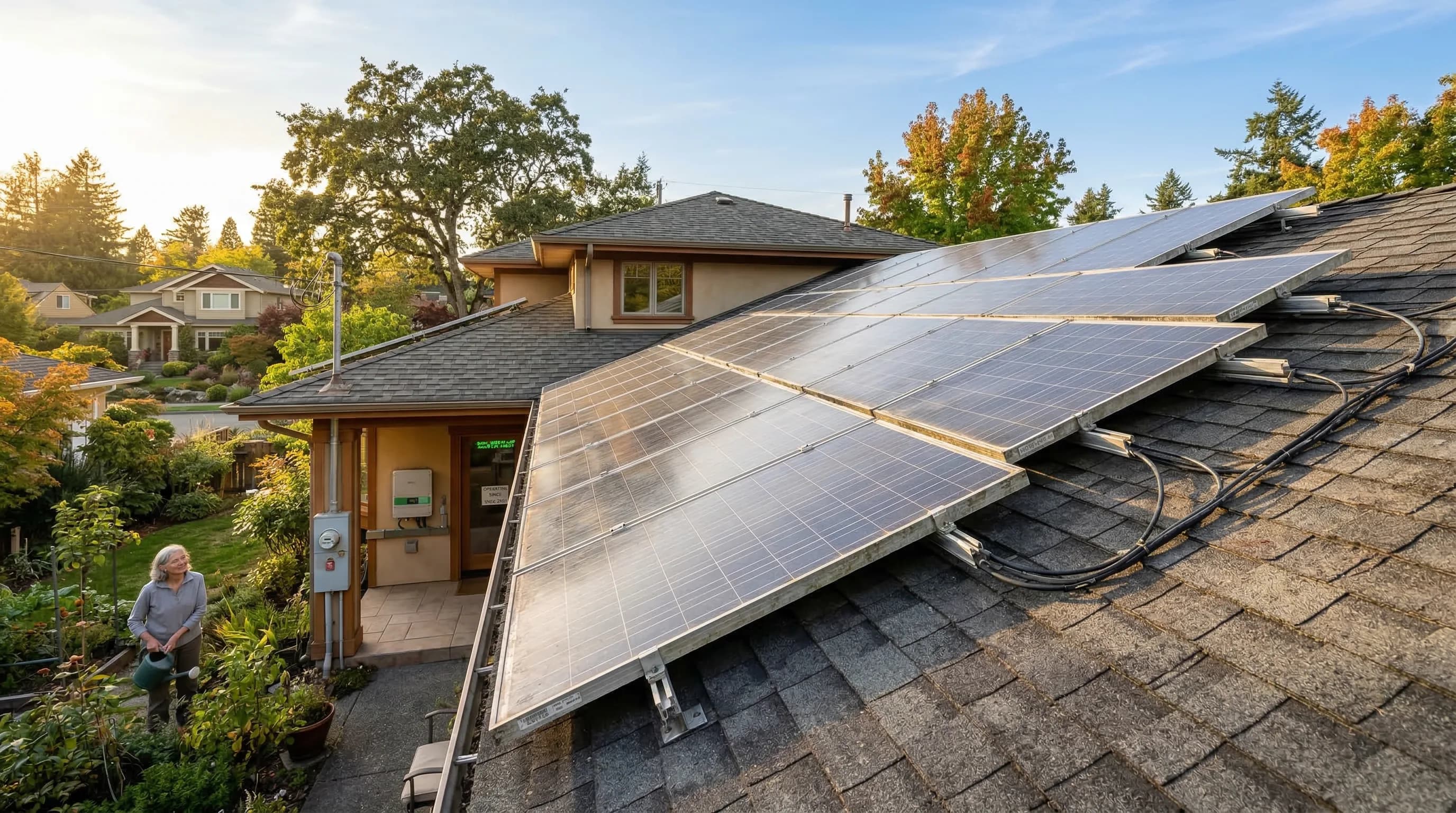 Aged solar panels still producing electricity after 25 years of operation on a residential roof